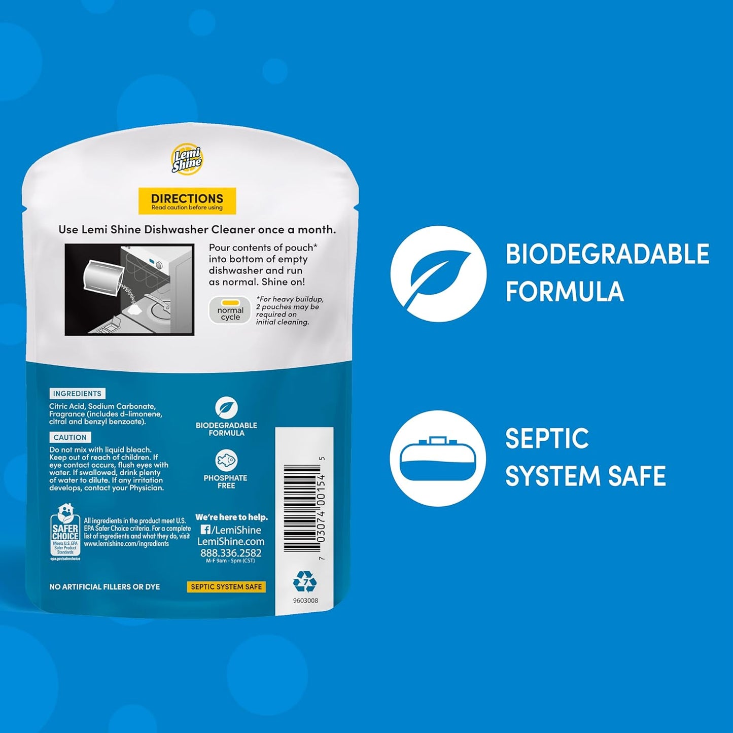 Lemi Shine Natural Dishwasher Cleaner - Hard Water Citric Acid Cleaning Powder - Lemon Scented
