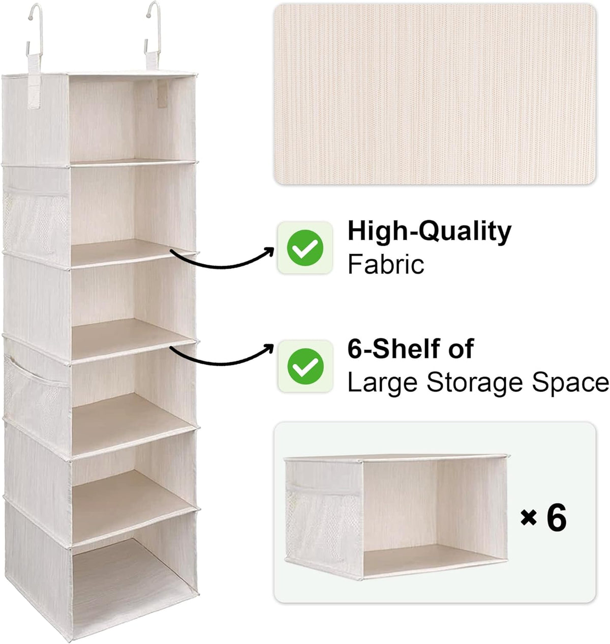 StorageWorks 6-Shelf Hanging Closet Organizer, Hanging Shelves for Closet, Fabric, Mixing of Beige
