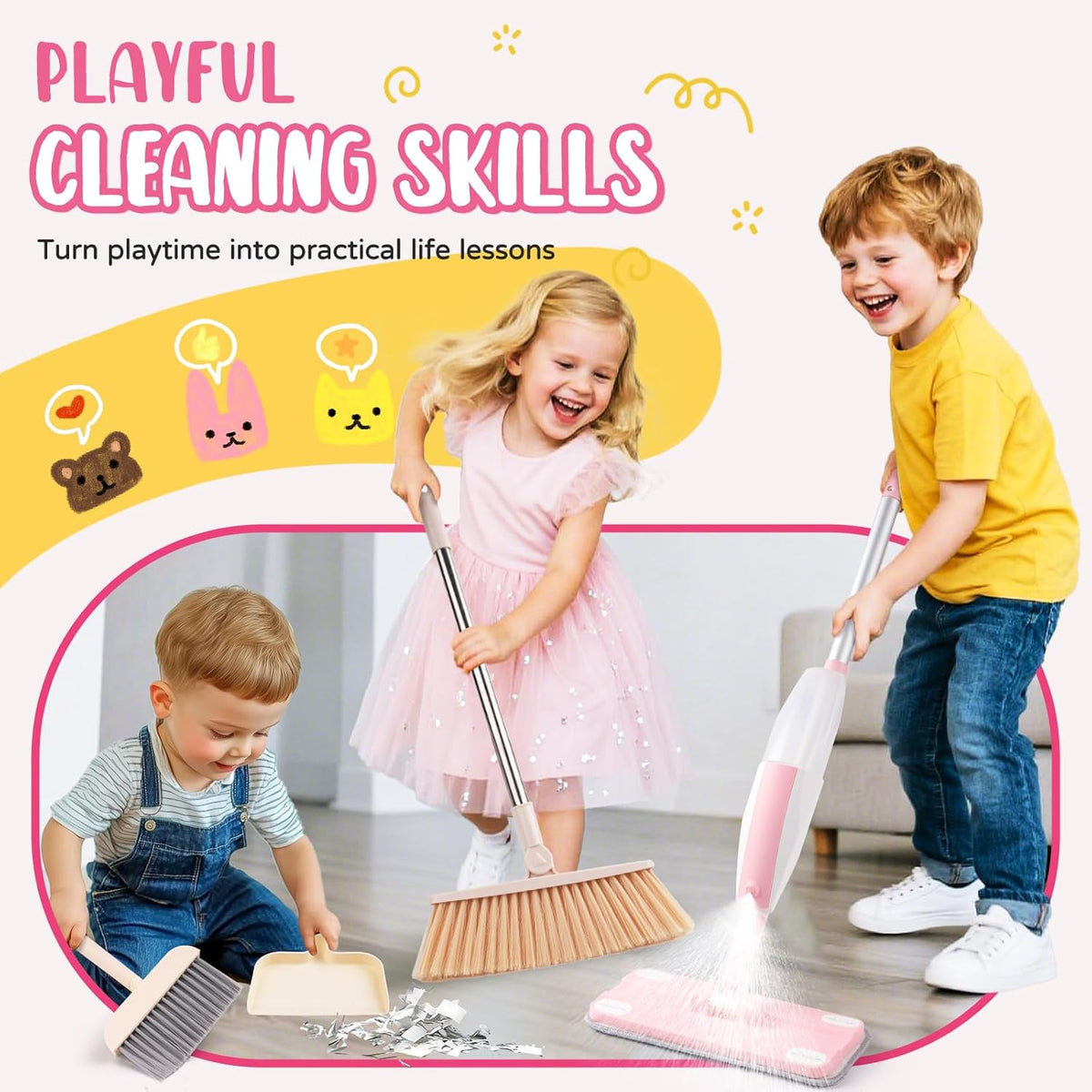 Kids Cleaning Toy Set,Pink Mini Spray Mop Montessori Toys Pretend Play Cleaning Tool for Toddlers