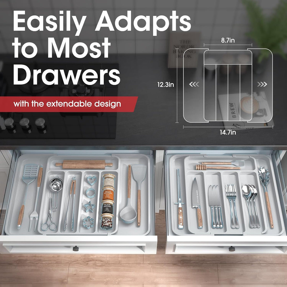AUJEN Silverware Organizer - Expandable Kitchen Drawer Organizer, Adjustable Utensil Organizer