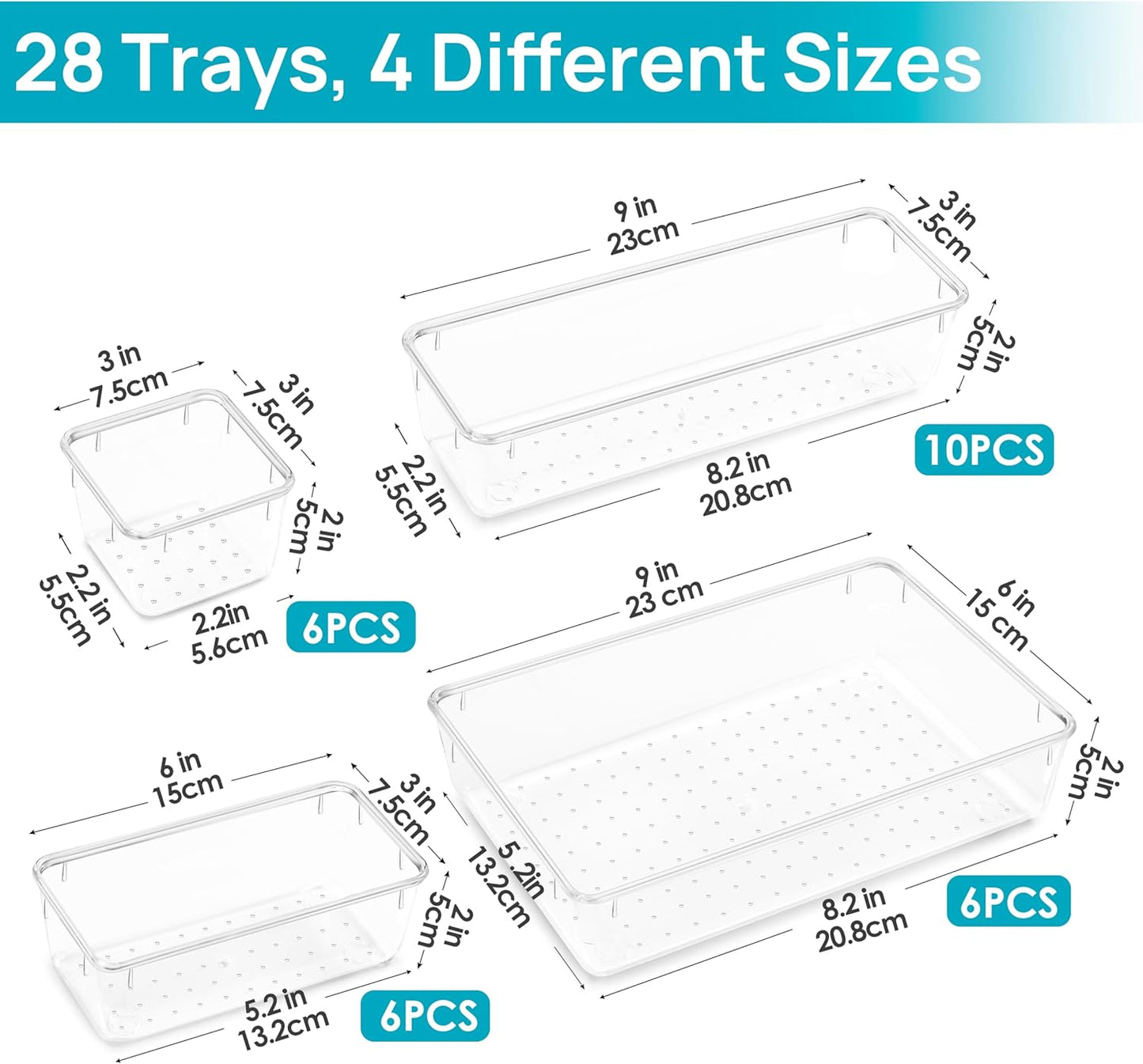 Vtopmart 28 PCS Clear Plastic Drawer Organizers Set, 4-Size Bathroom and Vanity Drawer Organizer