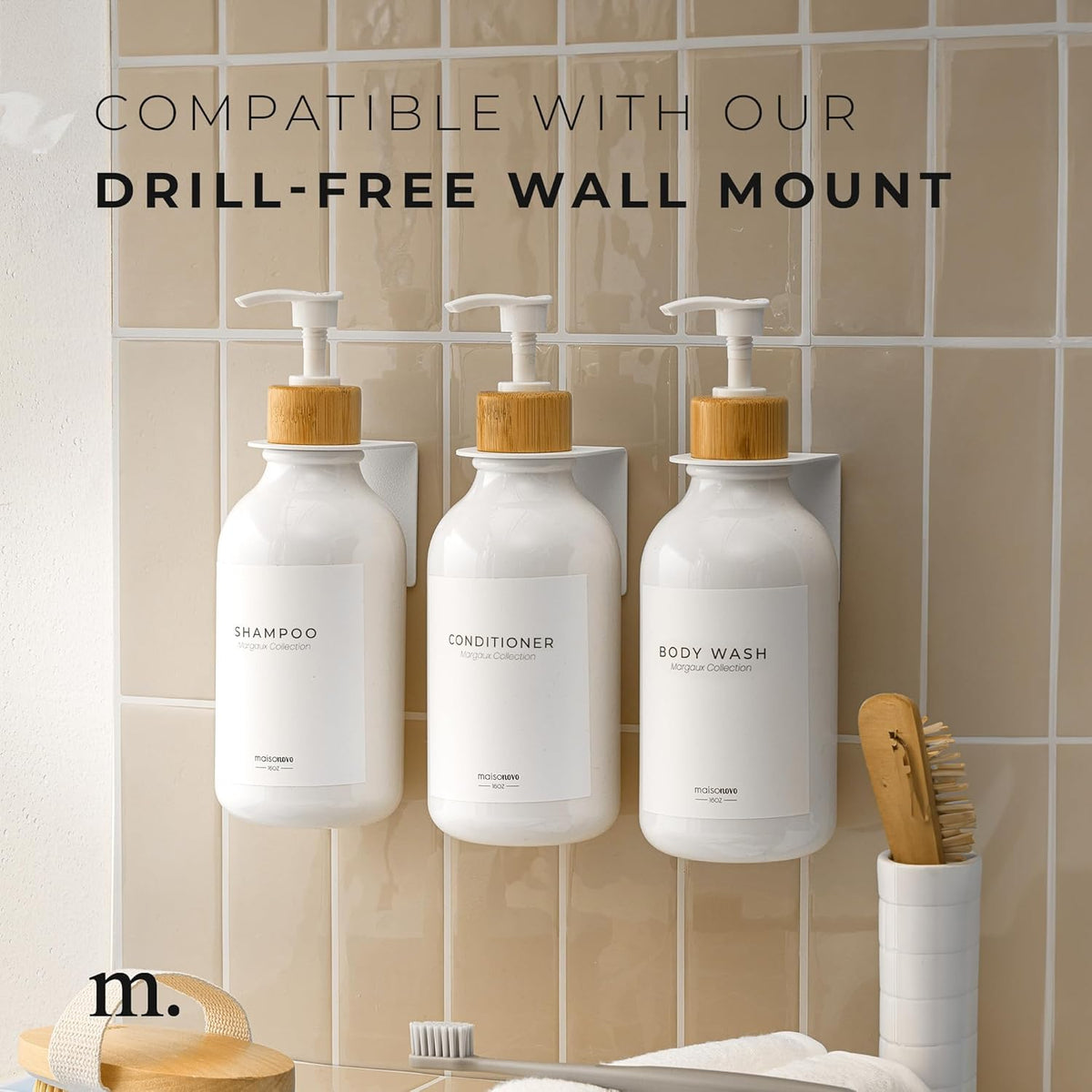 MaisoNovo Refillable Shampoo and Conditioner Bottles | 16.9 fl oz Set of 3 White Plastic Bottles