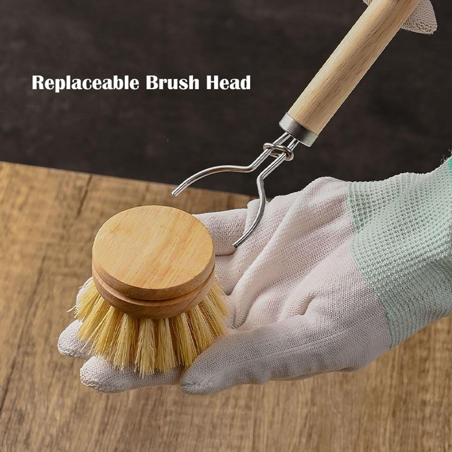 Bamboo Dish Brush with Handle, 1 Sturdy Wooden Handle with 3 Natural Bristle Heads, Horsehair