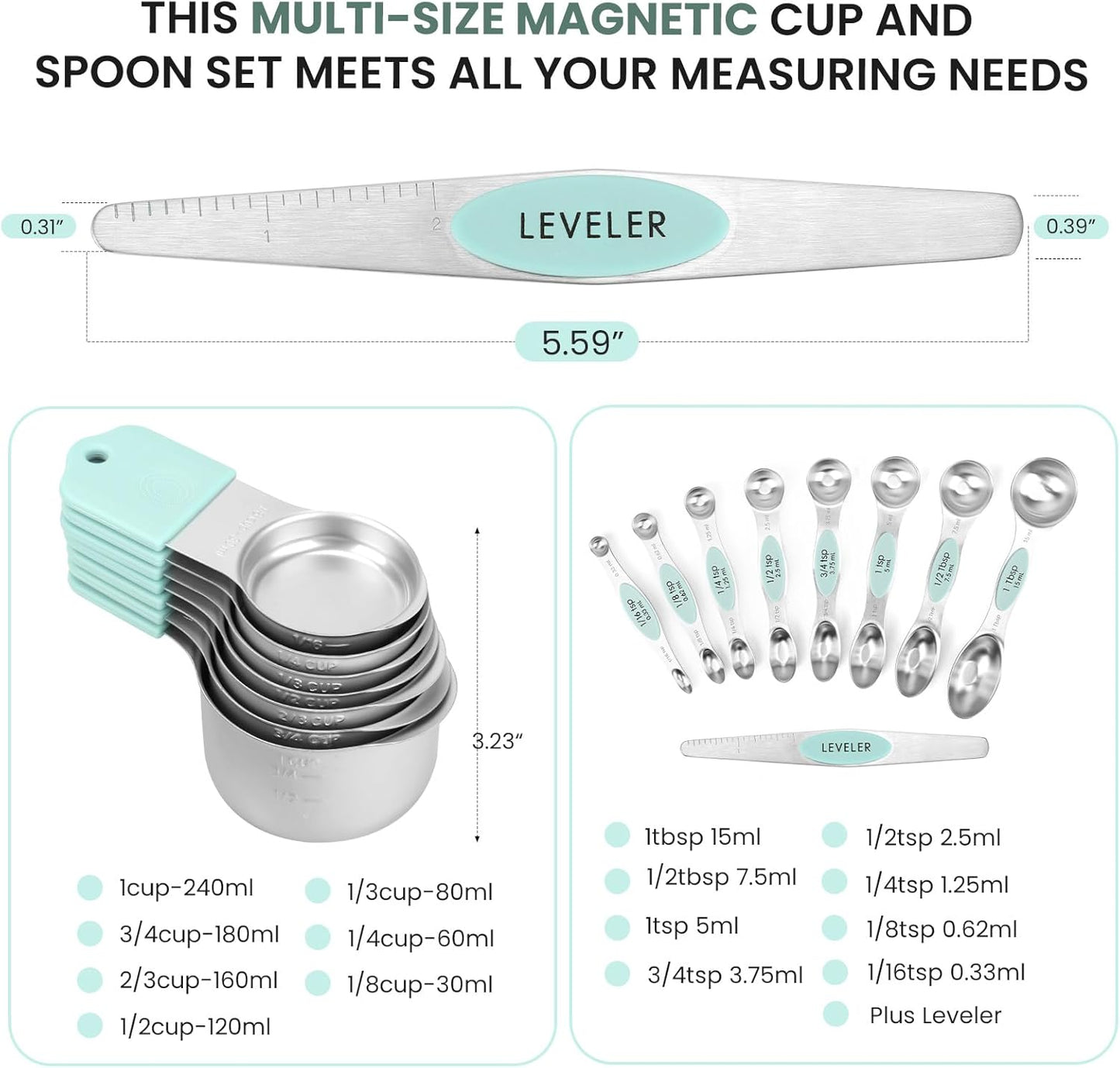 Magnetic Measuring Cups and Spoons Set-Heavy Duty 304 Stainless Steel,Double Measurement