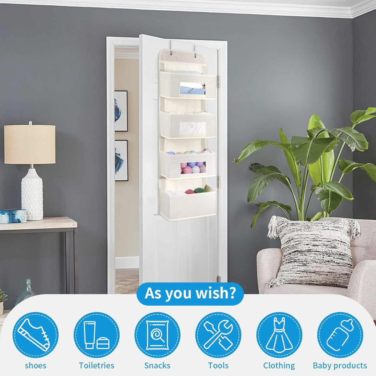 MAX Houser 4-Shelf Over The Door Hanging Organizer with 2 Metal Hooks, 4 Pocket Swing-Proof Behind
