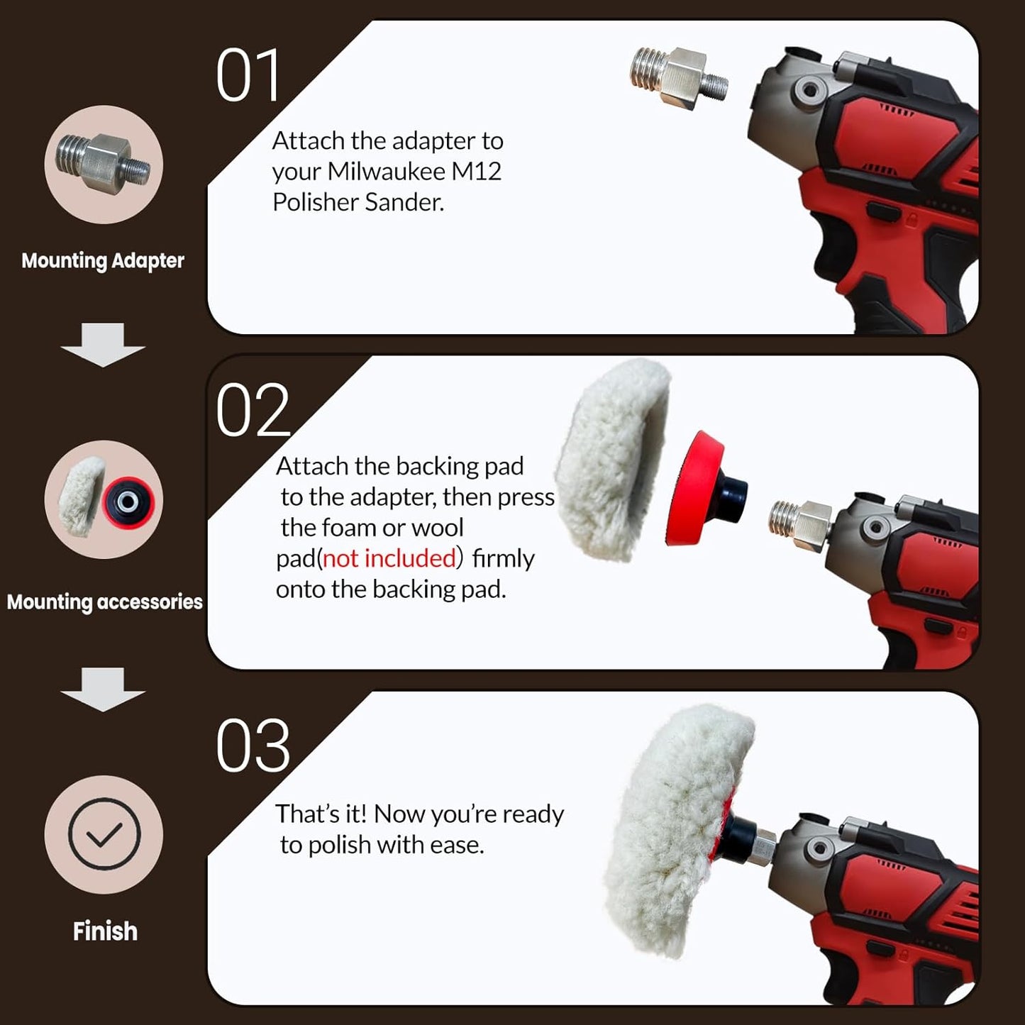 3" Hook and Loop Sanding/Polishing Backing Pad, M9 to 5/8-11 Hex Grinding Bit Thread Adapter, for