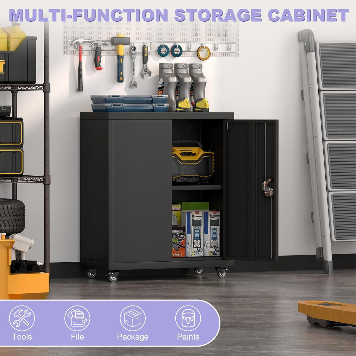 Metal Cabinet with Wheels, Steel Cabine with Locking Doors, Small Cabinet with 1 Adjustable Shelf