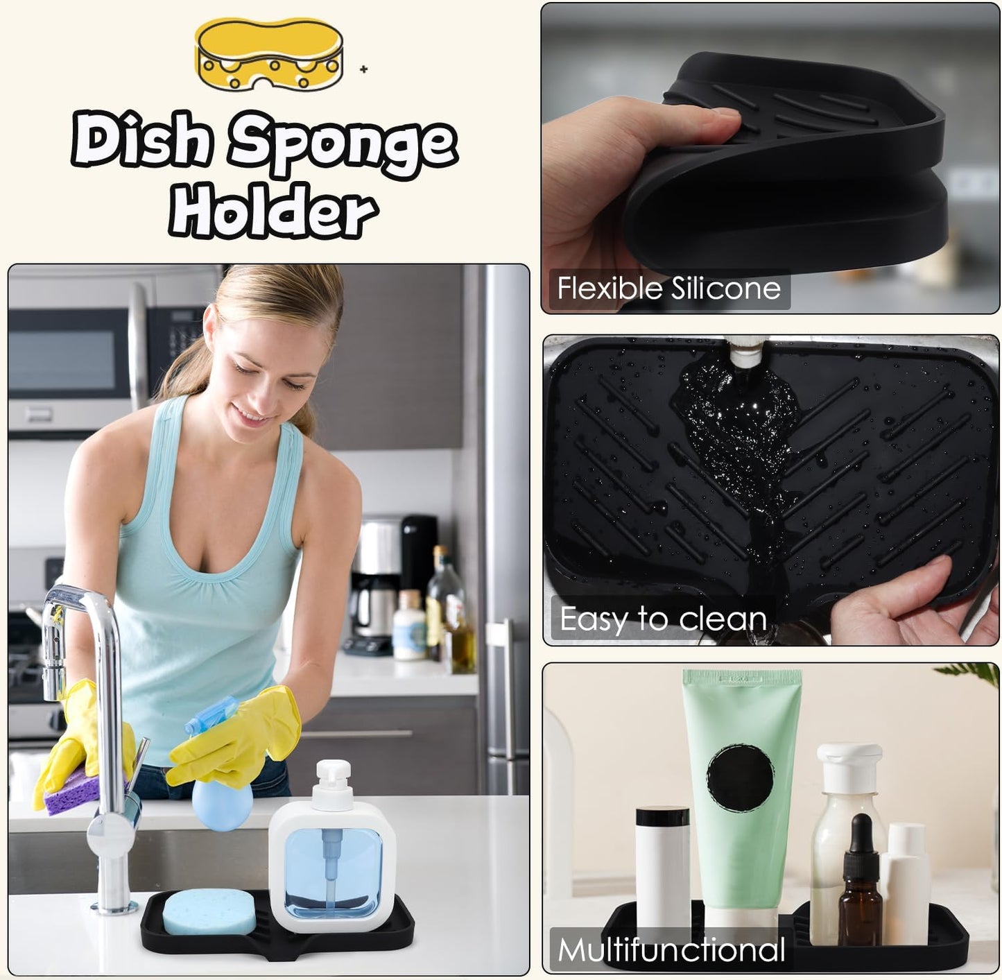 Yasmen Silicone Bathroom Soap Dishes, Sink Sponge Holder for Kitchen, Rubber Soap Dish with Drain