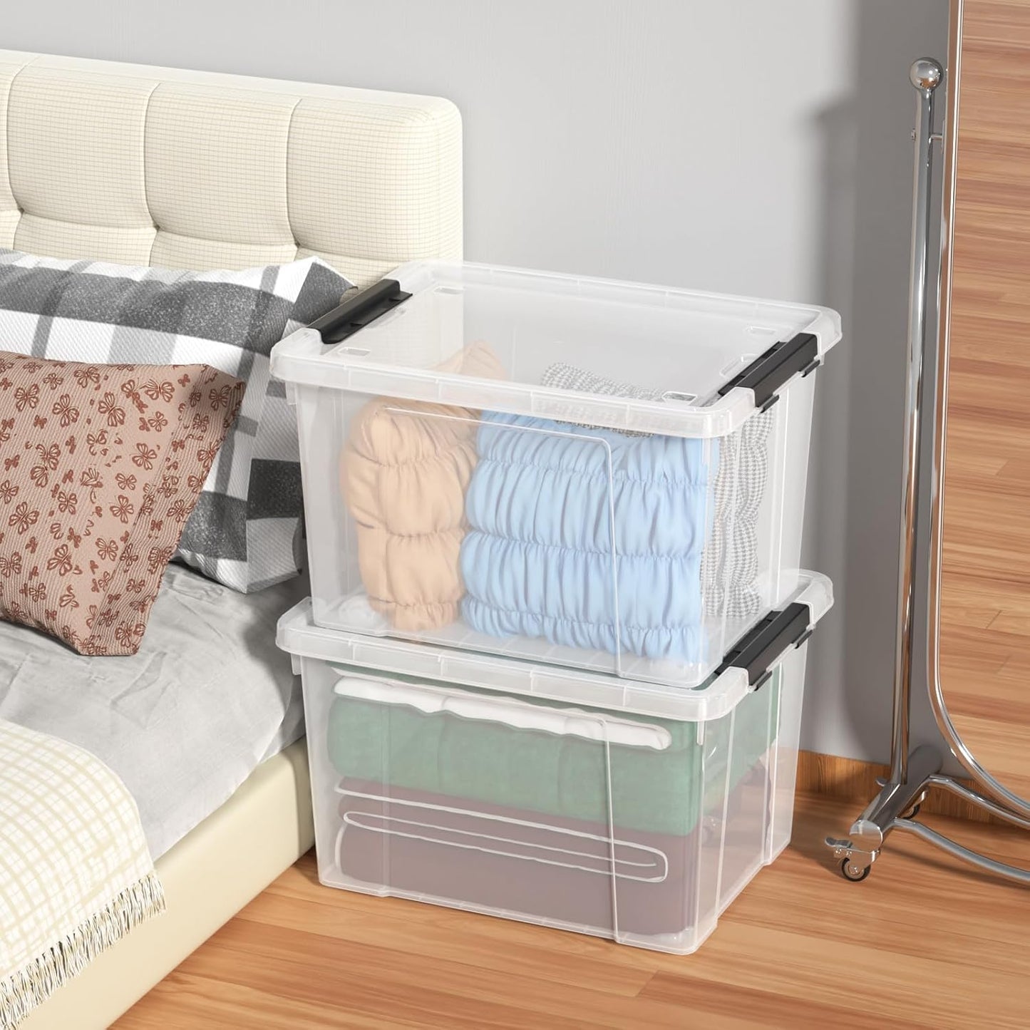 Set of 4 50 L Stackable Plastic Storage Container with Latching Lids and Wheels, Clear Home Garage