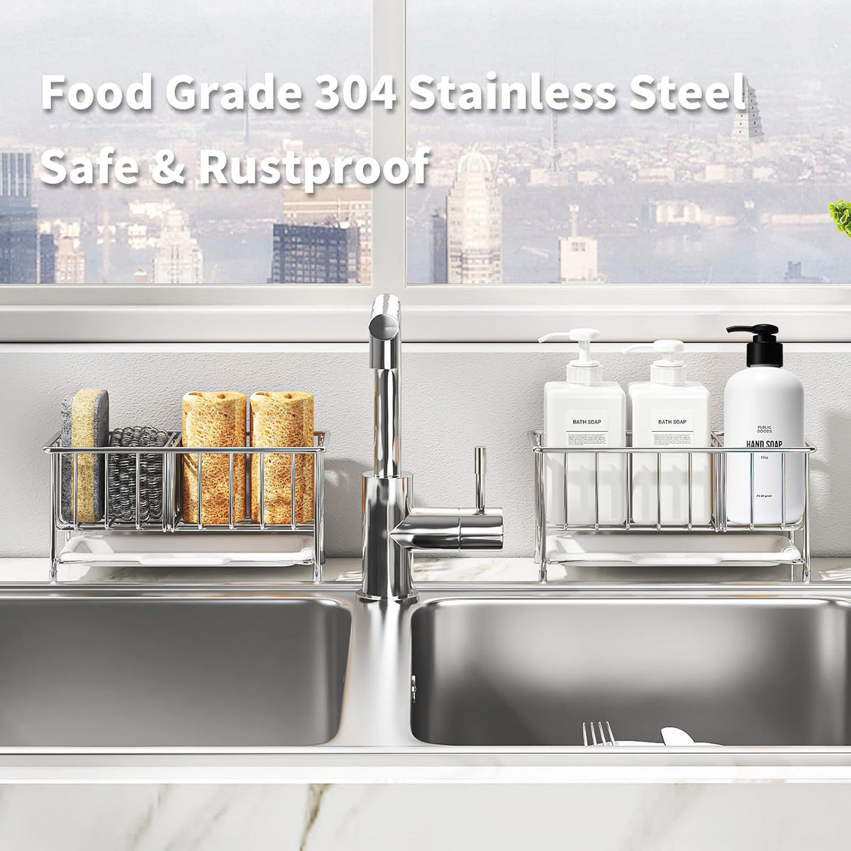 Kitchen Sink Sponge Holder, 304 Stainless Steel Soap Dispenser Caddy Organize, Kitchen Sink Brush