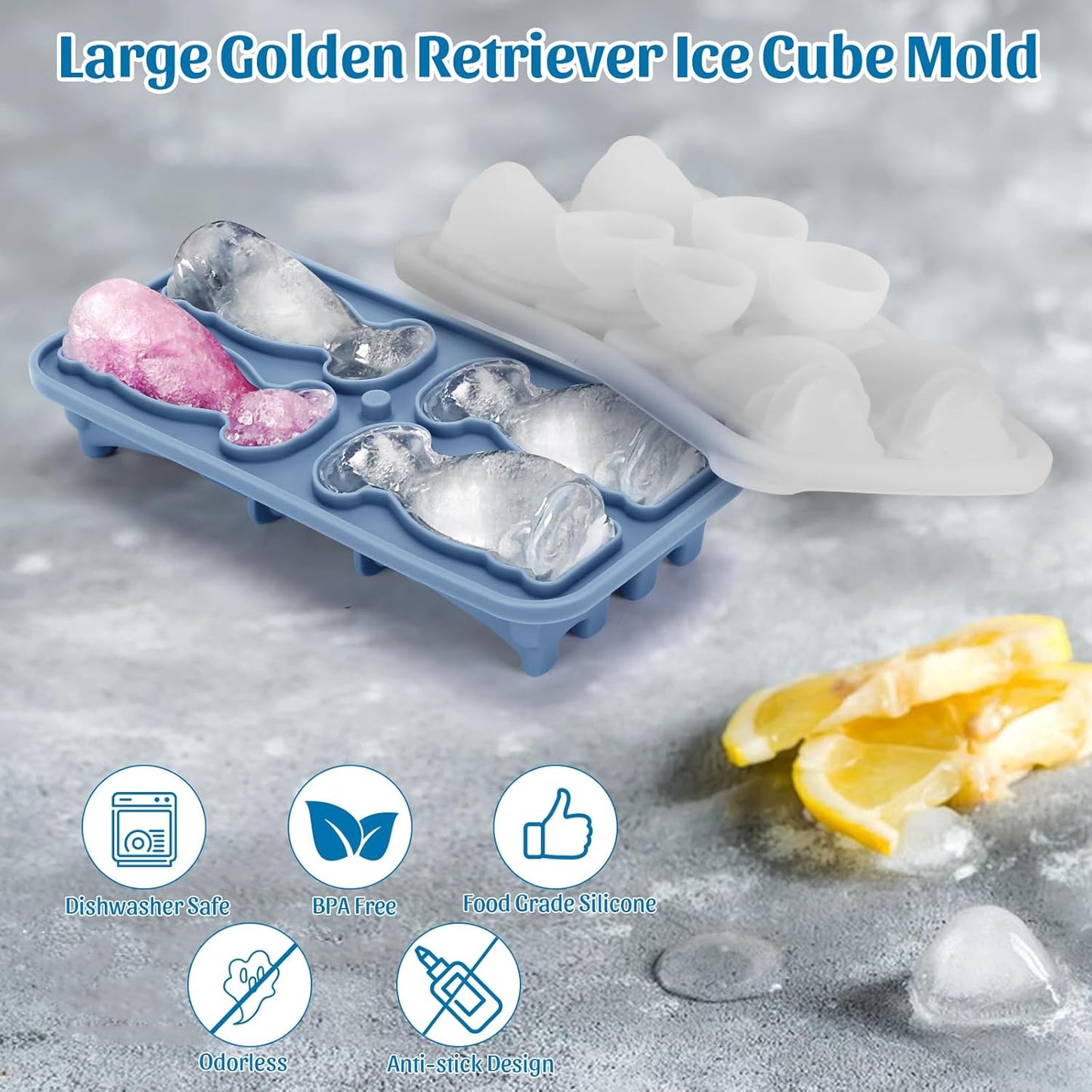 Silicone Ice Cube Tray,Golden Retriever 3D Large Ice Cube Molds for Whiskey,Cocktails,Wine,Juice