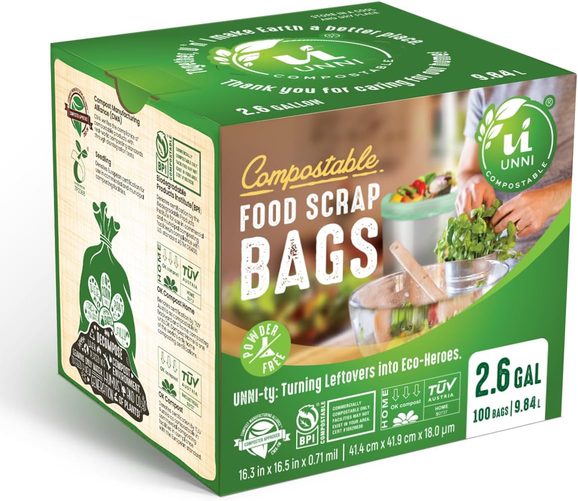 UNNI Compostable Trash Bags, 2.6 Gallon / 9.84 Liter, 100 Count, Extra Thick 0.71 Mil Small Kitchen
