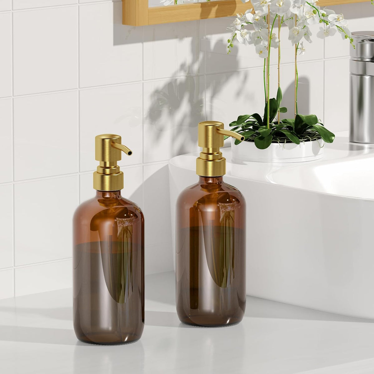 AmazerBath Amber Glass Soap Dispenser, 2 Pack Vintage Brown Bottle with Stainless Steel Pump,17 Oz
