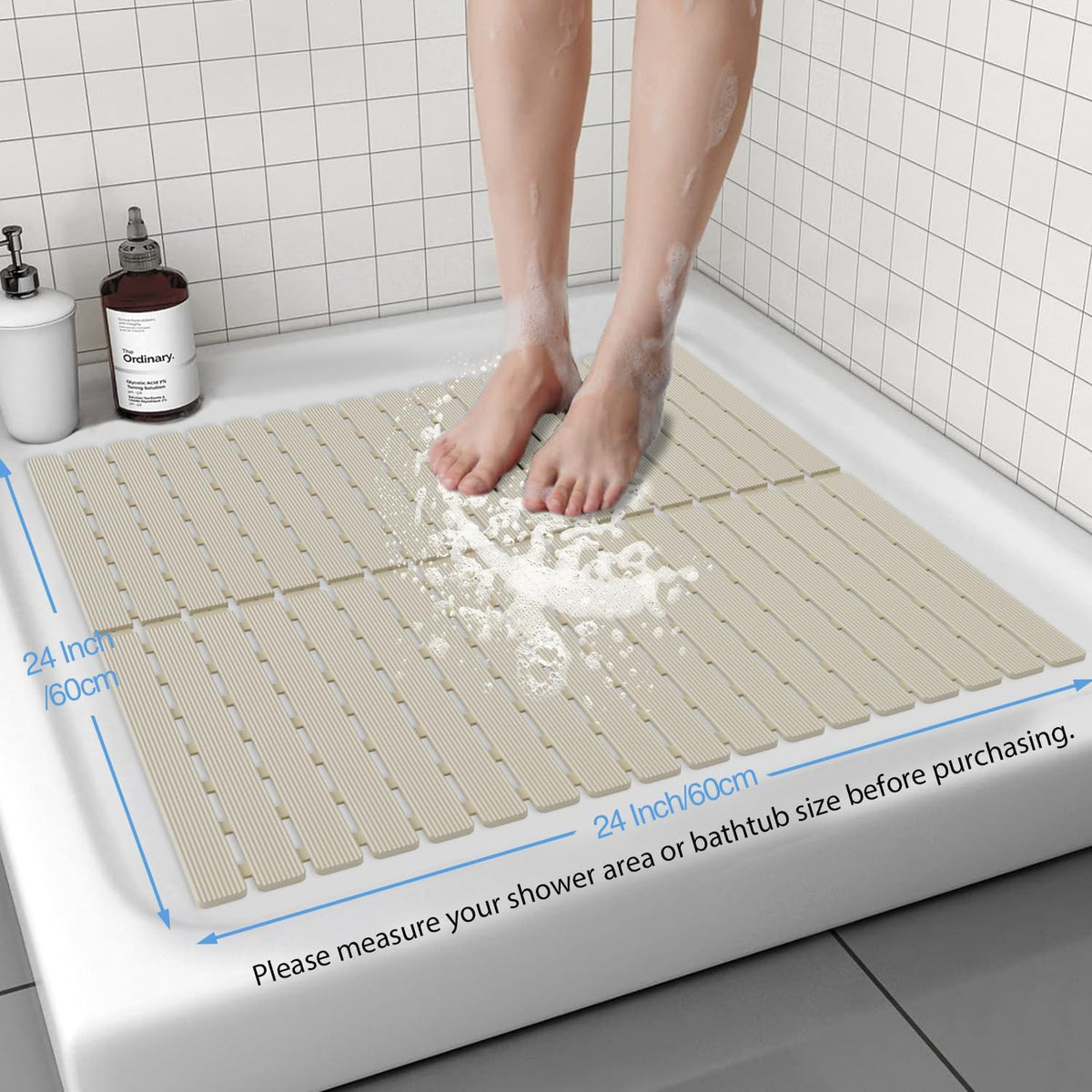 Shower Mat Non-Slip Bath Mat for Tub Floor & Stall with 200+ Suction Cups & Drain Holes, Quick Dry