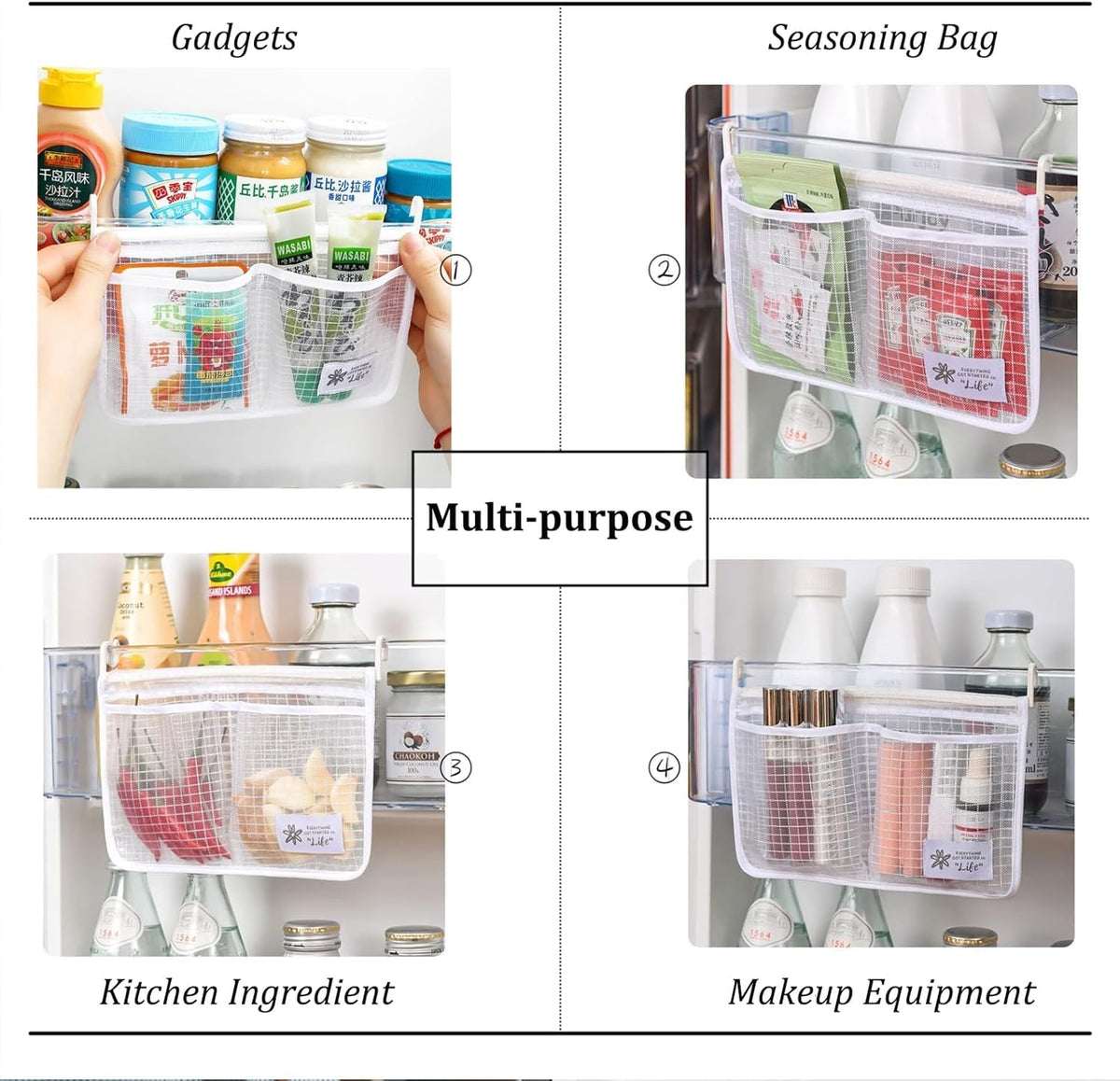 4PCS Refrigerator Door Organizer Set, Fridge Hanging Mesh Bag for Kitchen Storage Bag, Household