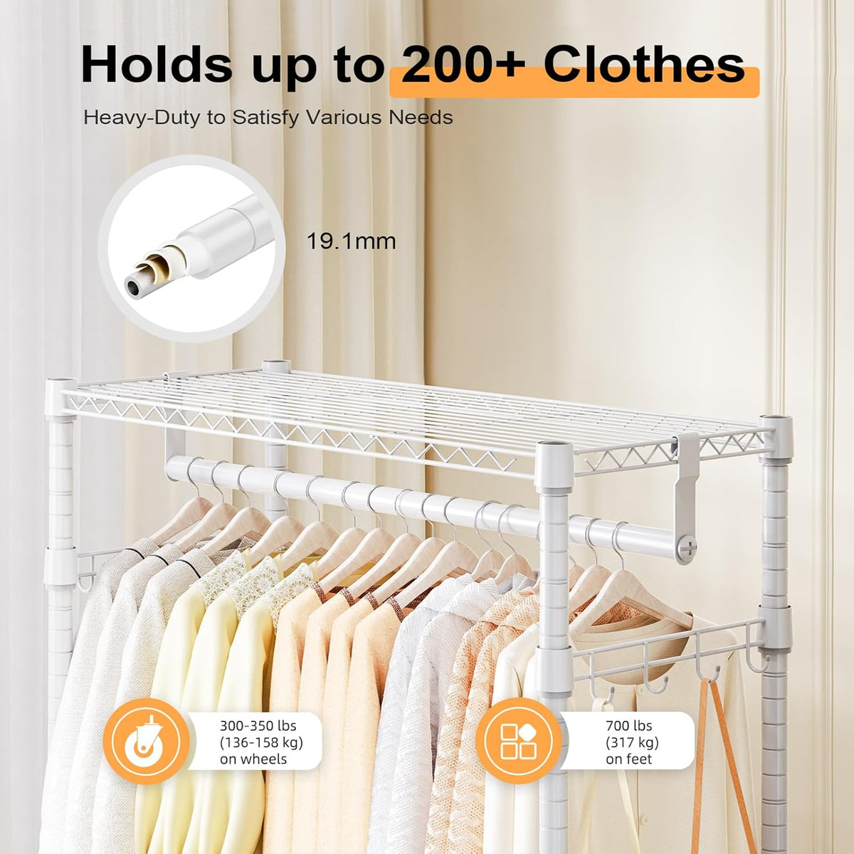 Heavy Duty Rolling Garment Rack 3 Tiers Adjustable Wire Shelving Clothes Rack with 2 Rods and Side