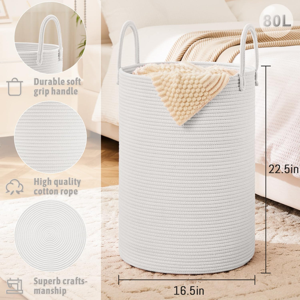 Laundry Basket,Woven Cotton Rope Laundry Hamper,80L for Decorative Storage of Dirty Clothes,Toys