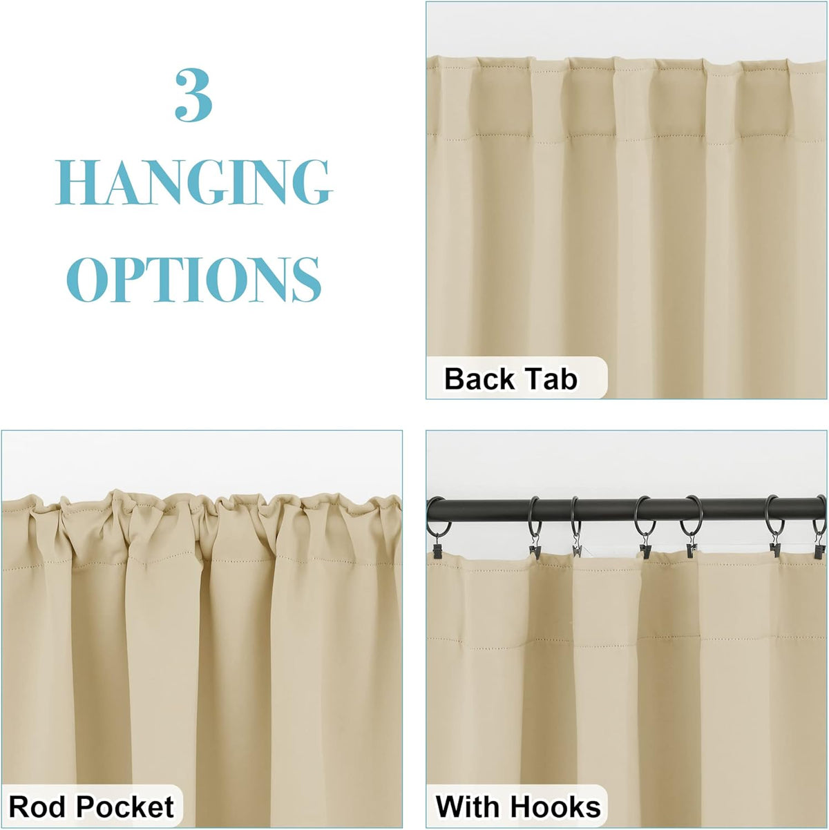 RYB HOME Room Darkening Curtains - Back Loops Solid Sunlight Block Window Decor for Nursery Bedroom