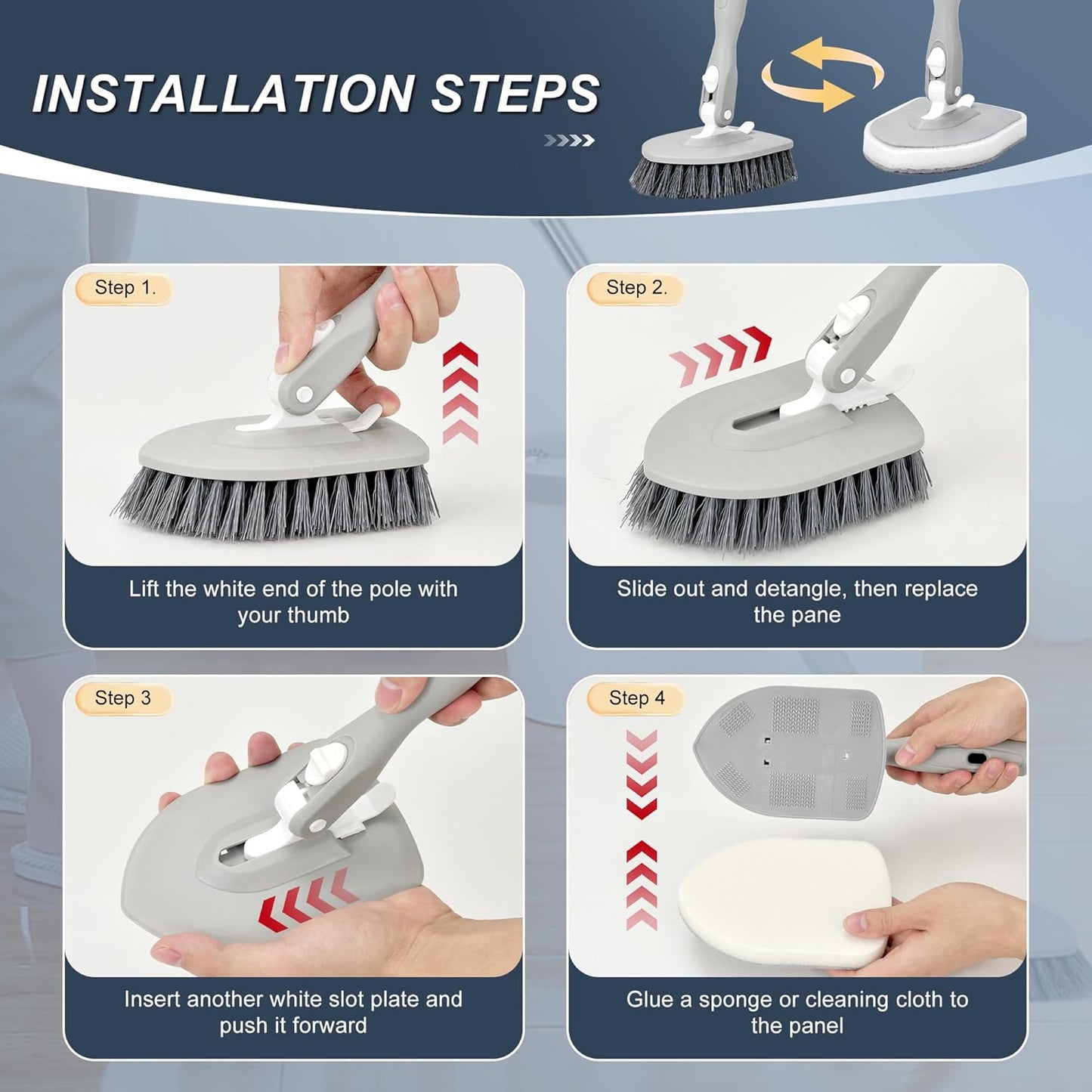 Tile Tub Floor Cleaner Scrubber With Long Handle - 5-in-1 Shower Brush Set for Bathroom, Kitchen
