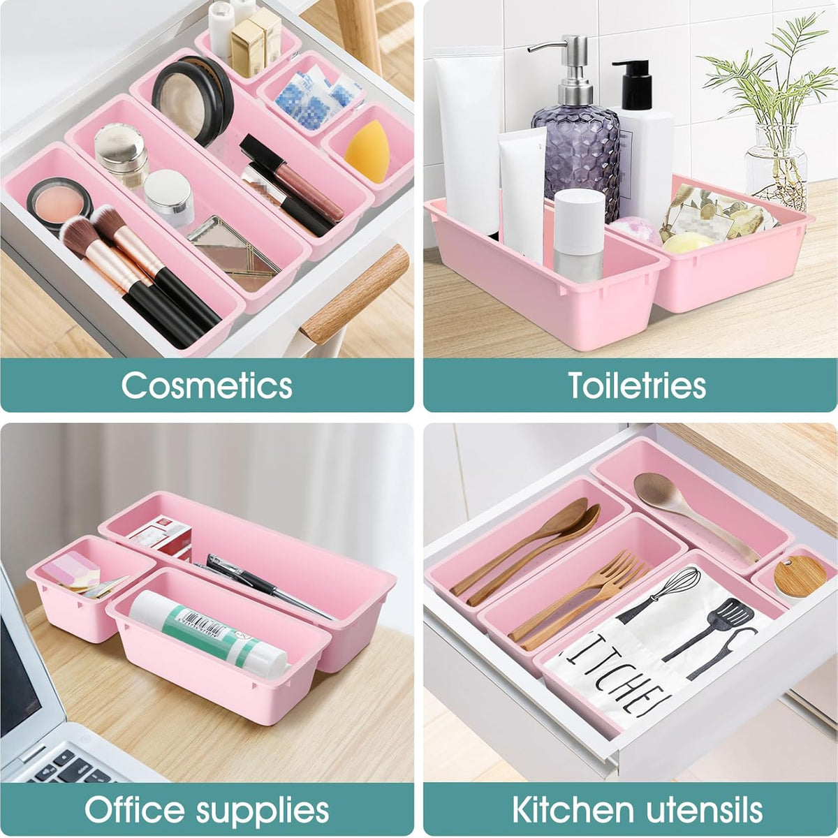 WOWBOX 25 PCS Plastic Drawer Organizer Set, 4 Sizes Desk Drawer Divider Organizers and Storage Bins