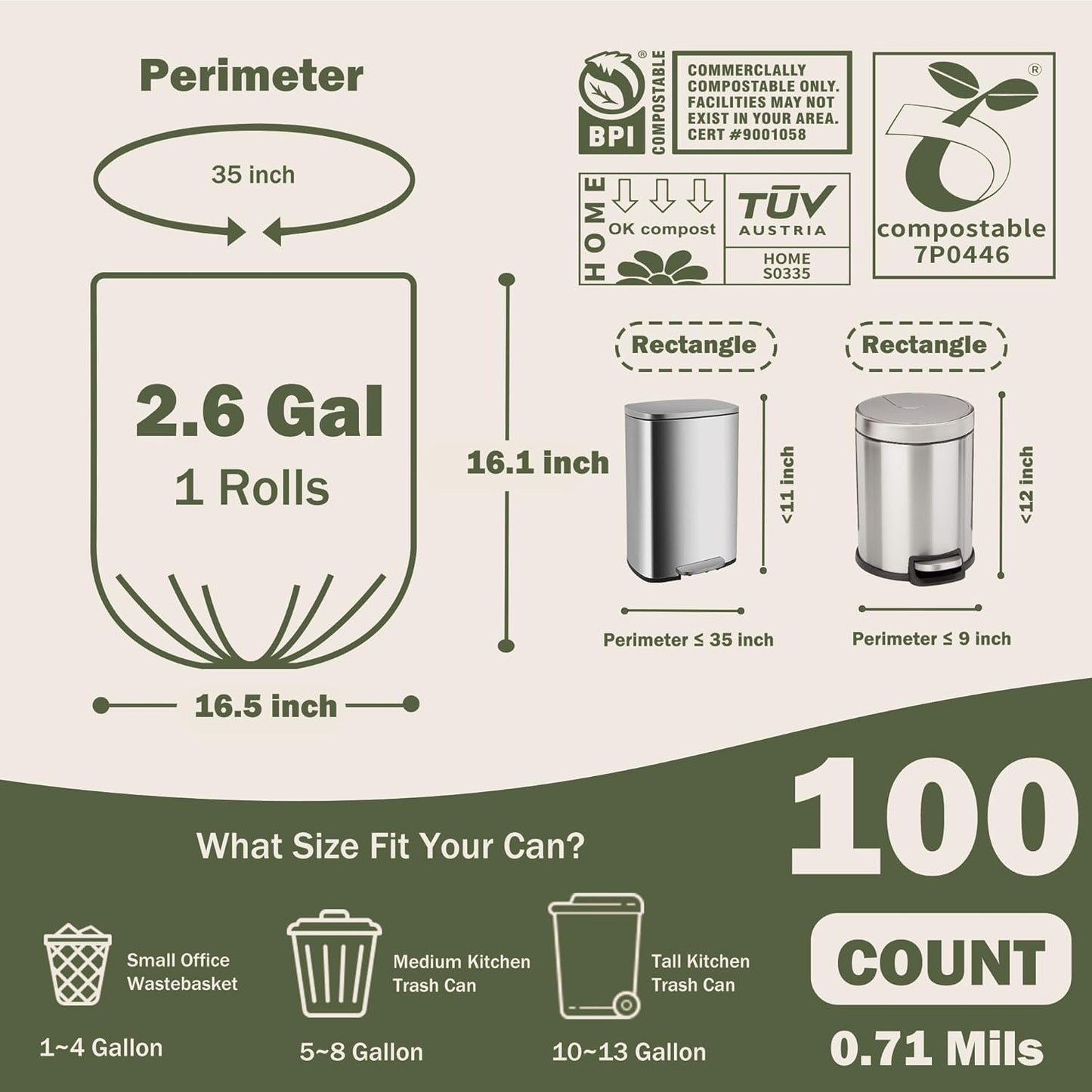 Compostable Trash Bags, 2.6 Gallon, 100 Count, 100% Compost Waste Bags for Kitchen Bathroom Office