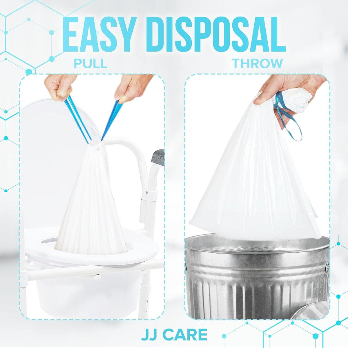 JJ CARE Bedside Commode Liners with Absorbent Pads - Pack of 90 Commode Poop Bags Liners 16"x21"