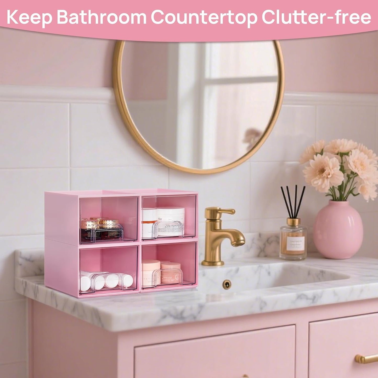 Vtopmart 4Pack Small Stackable Storage Drawers, Bathroom Makeup Organizer,Plastic Storage Bins For