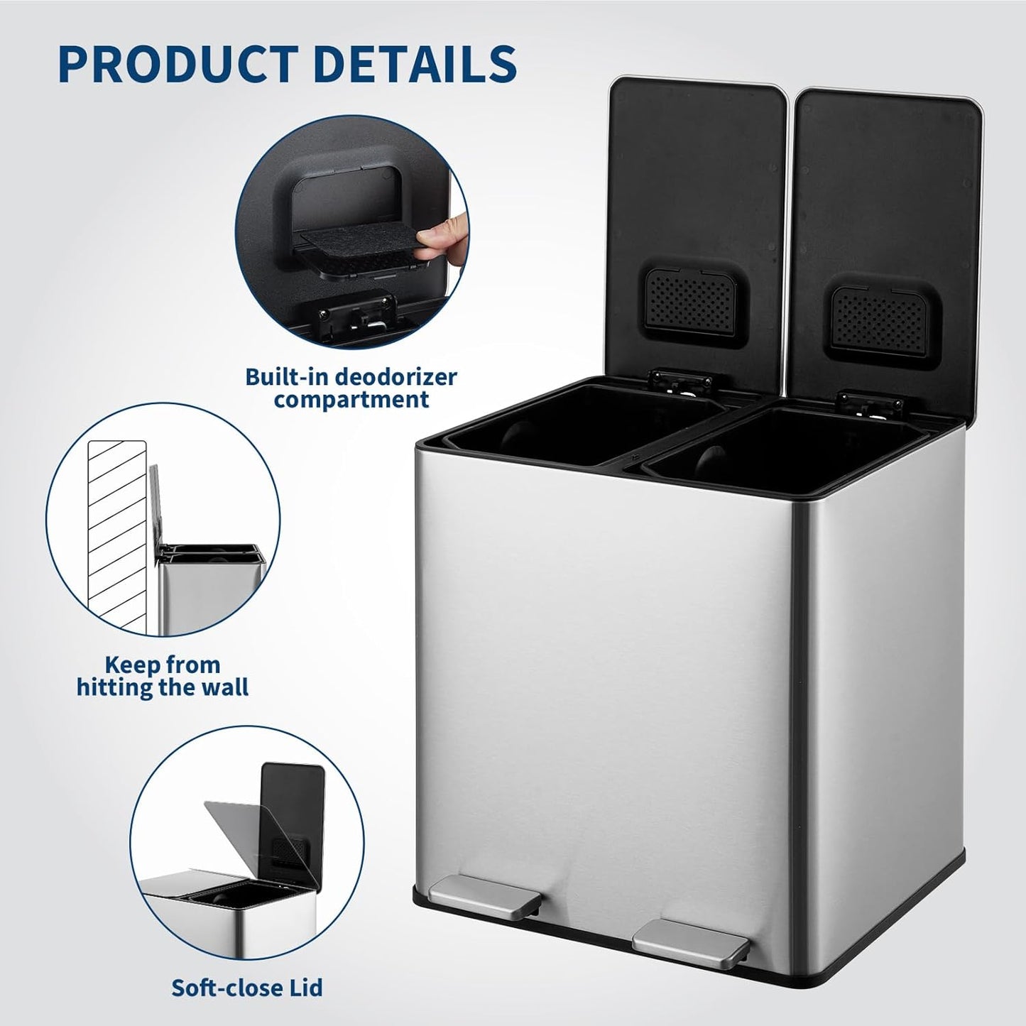 GarveeHome Dual Trash Can, 2x4 Gallon (2x15L) Stainless Steel Step Trash Can, Rectangular Garbage