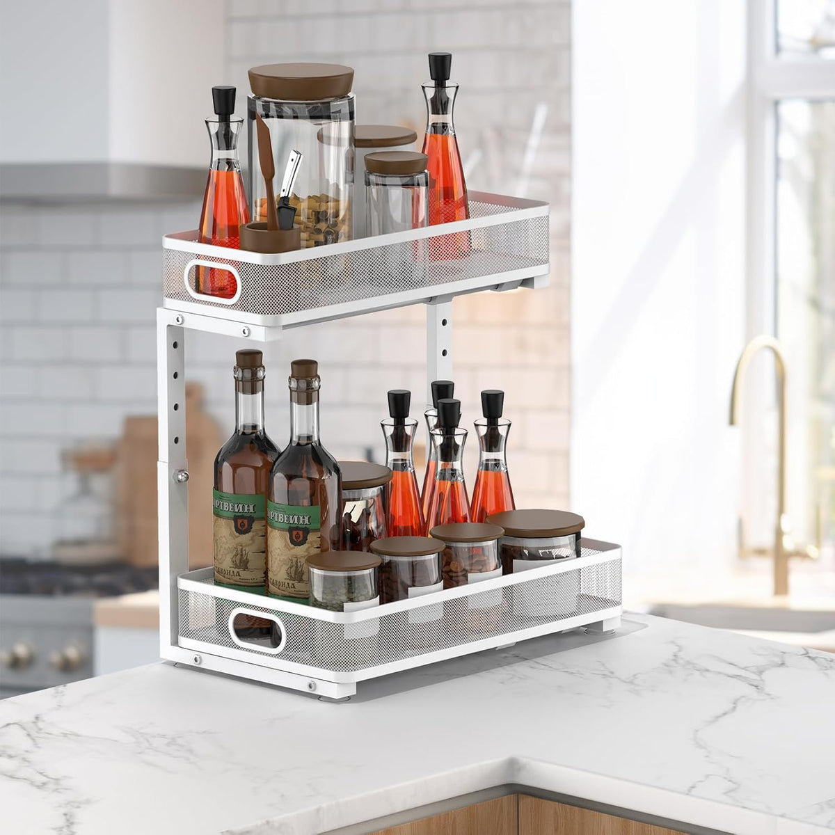 Under Sink Organizer, High Adjustable 2 Tier Under Sink Organizers and Storage, Slide Out Metal