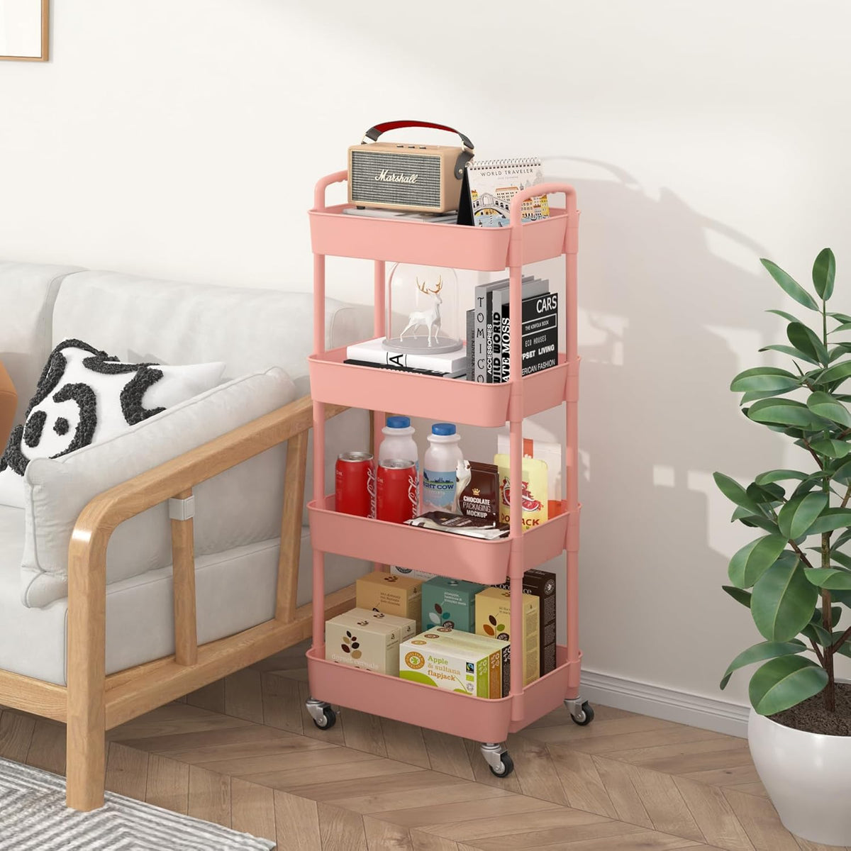 Sywhitta 4-Tier Plastic Rolling Utility Cart with Handle, Multi-Functional Storage Trolley for