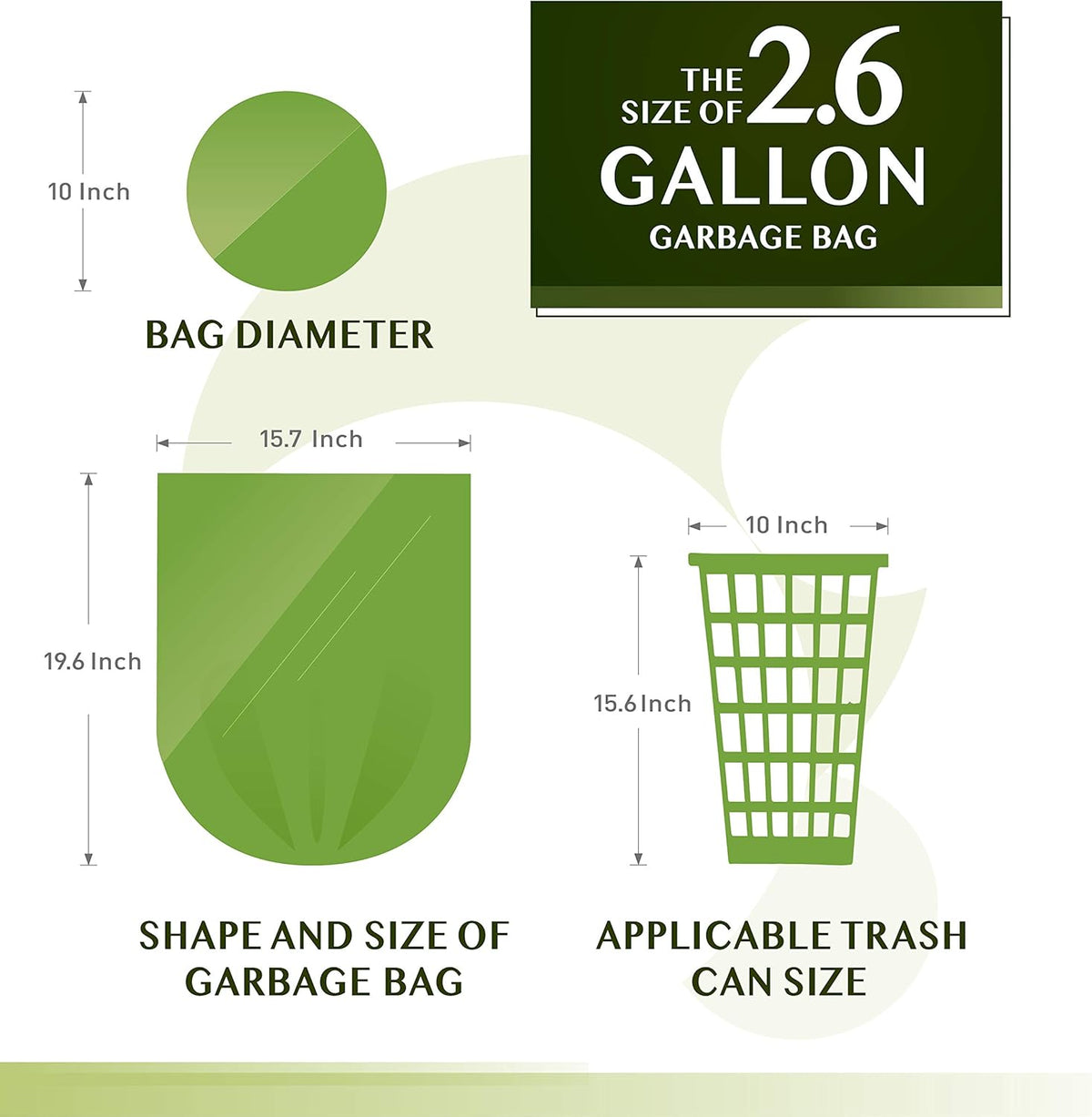FORID 2.6 Gallon Compostable Garbage Bags, 150 Count, 5 Rolls – Green, Small, Durable, Thick