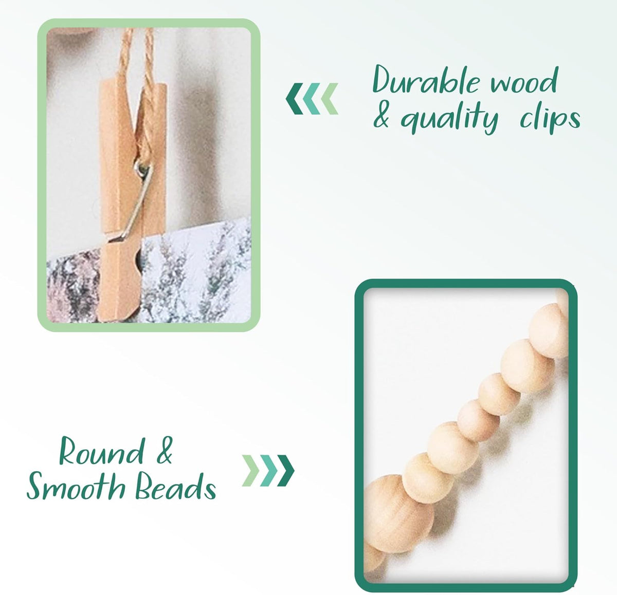 6 Feet Wooden Beads Garland with Clothespins Picture Cards Holder - Country Farmhouse Christmas