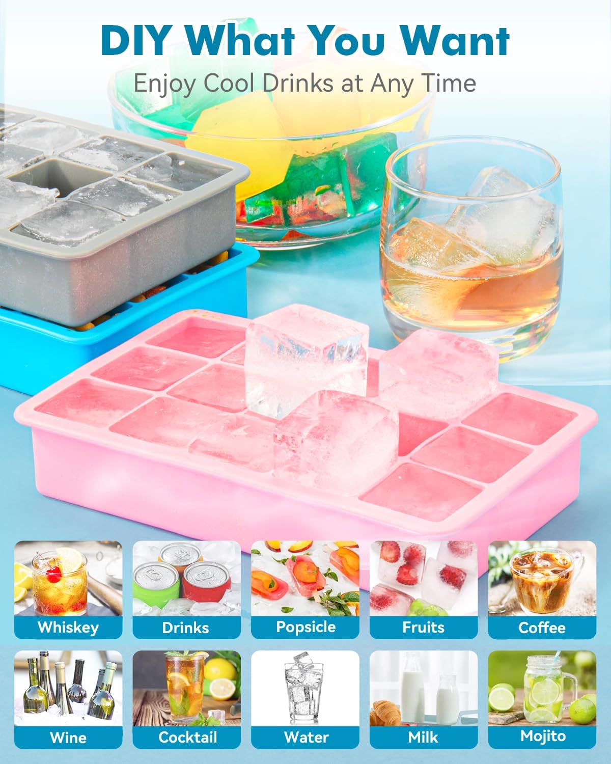 2 Pack Ice Cube Trays, ZDPMK Silicone Easy Release Flexible Molds 15 Ice Cubes Tray for