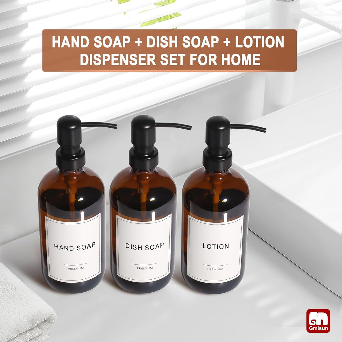 GMISUN Shampoo and Conditioner Dispenser, 3 Pack Amber Glass Bathroom Shampoo Conditioner Body Wash