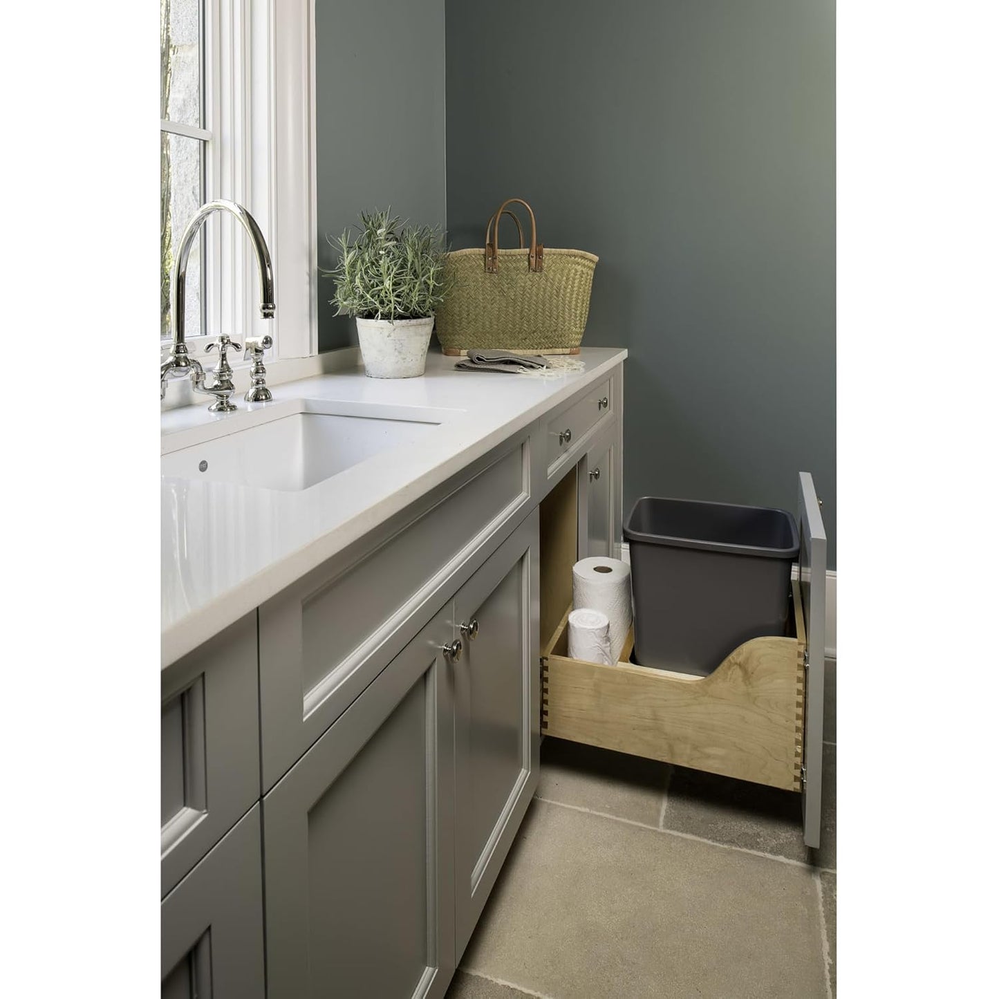 Rev-A-Shelf Pullout Trash Can for Kitchen Cabinet, Single 35 Qt Bin with 12" Wood Frame - Large