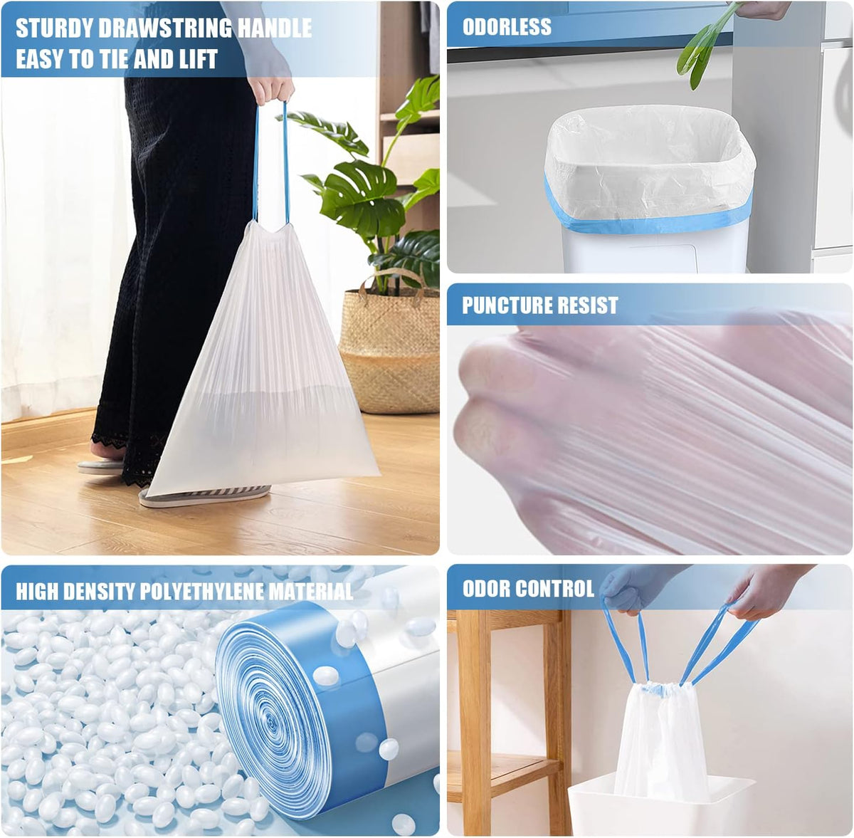 FORID Mini Drawstring Trash Bags - 2 Gallon Small Bathroom Garbage Bags White Plastic Trash Can