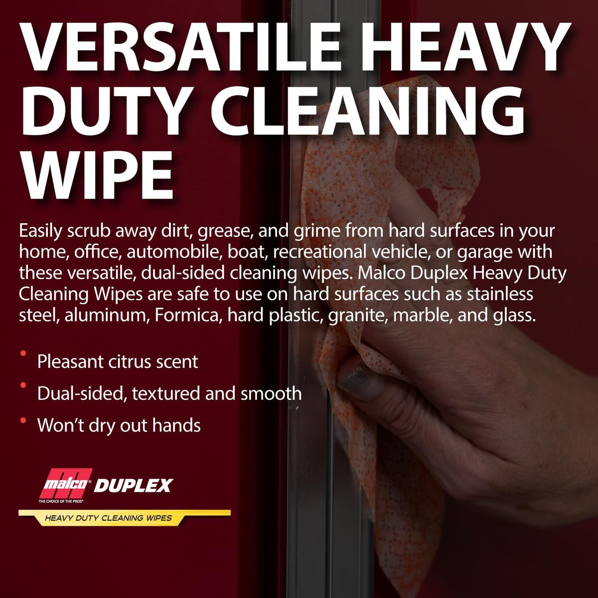 Malco Duplex Heavy Duty Cleaning Wipes for Home and Auto - Dual Sided Textured, Wet Wipe/Removes
