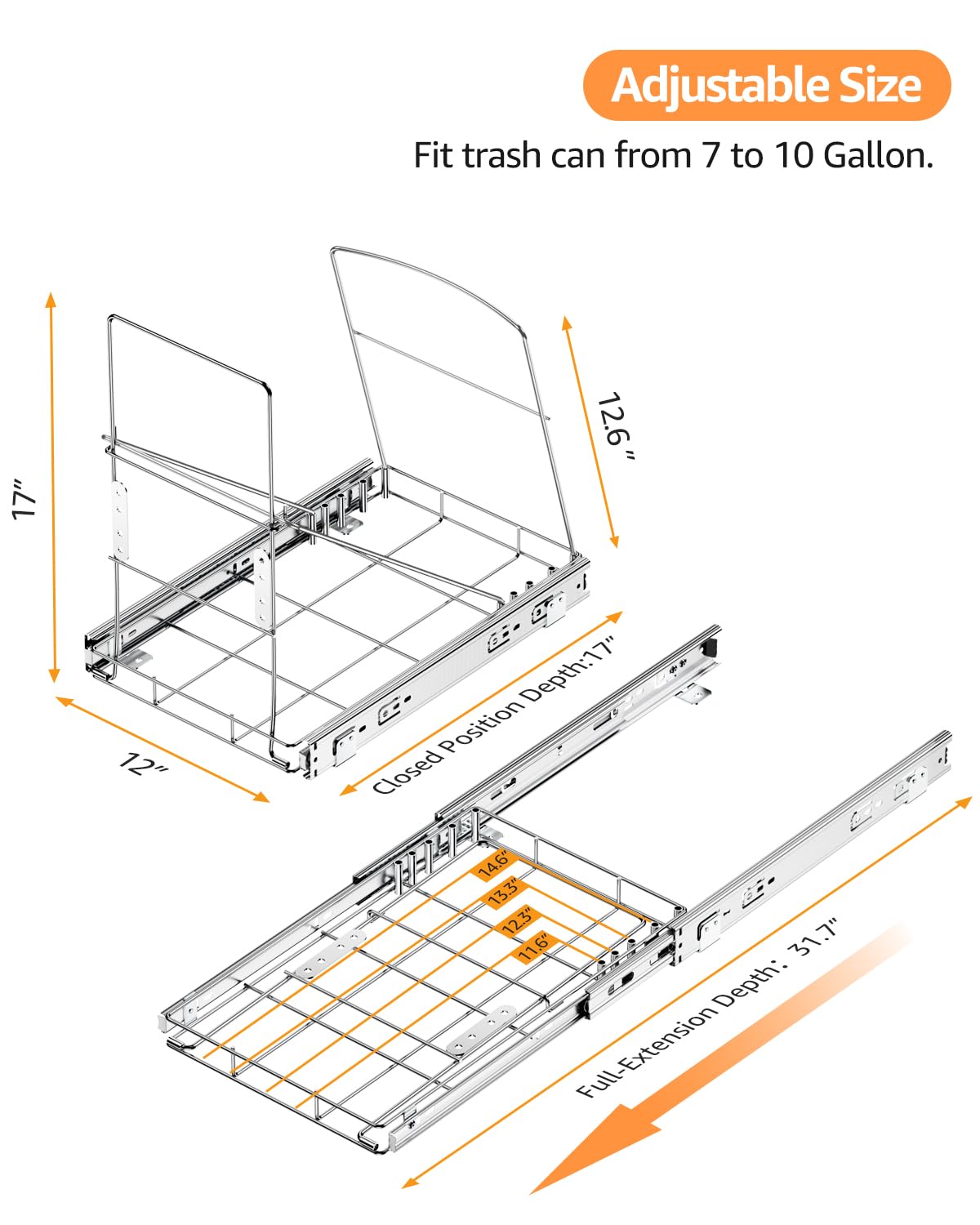 Pull Out Trash Can Under Cabinet, 7-13Gal Cabinet Trash Can Pull Out Kit with Door Mounting