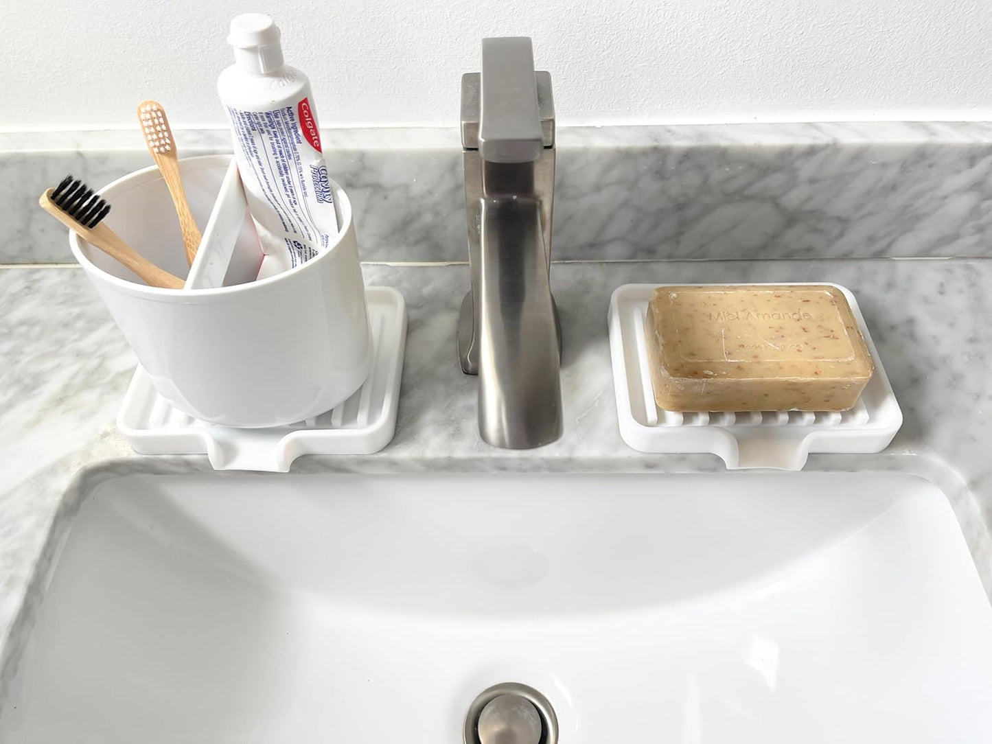 Happitasa Silicone Soap Dish Tray and Sponge Holder with Drain Chute, Pack of 2 | Bathroom and