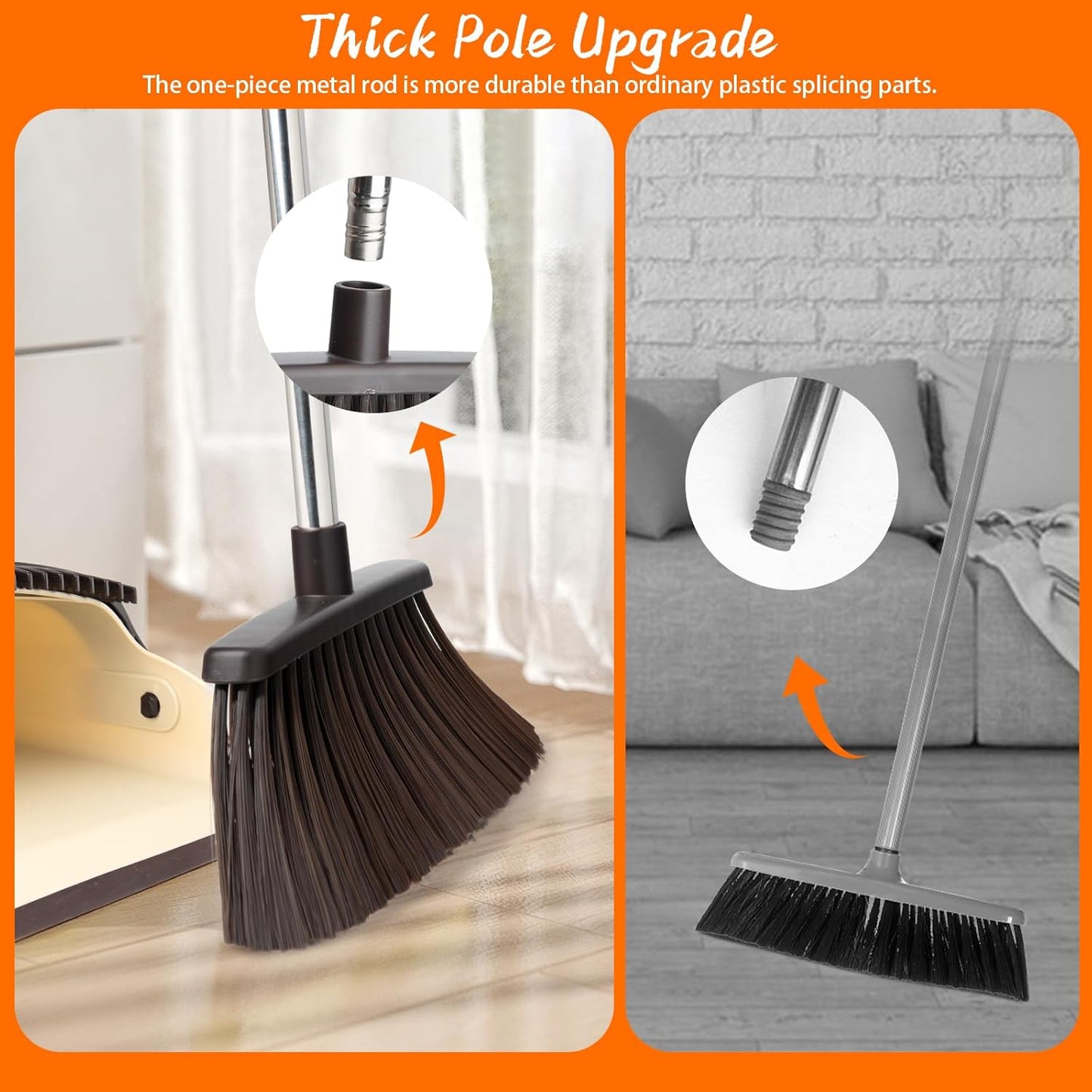 Broom and Dustpan Set, Dustpan Combo with 51" Stainless Steel Long Handle Brooms with 5-Layer Soft