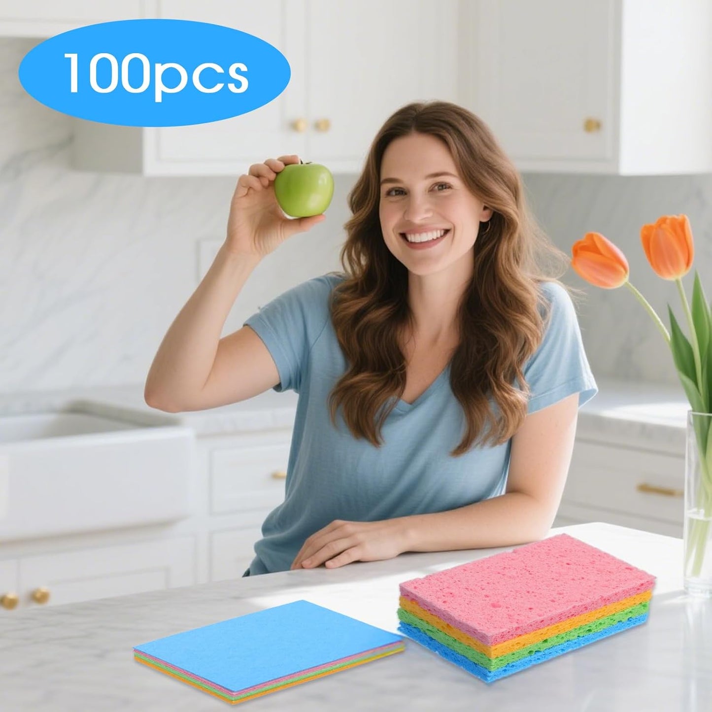 100pcs Kitchen Sponges Bulk Natural Sponges for Dishes Reusable Dish Sponge Scrub Compressed Wood