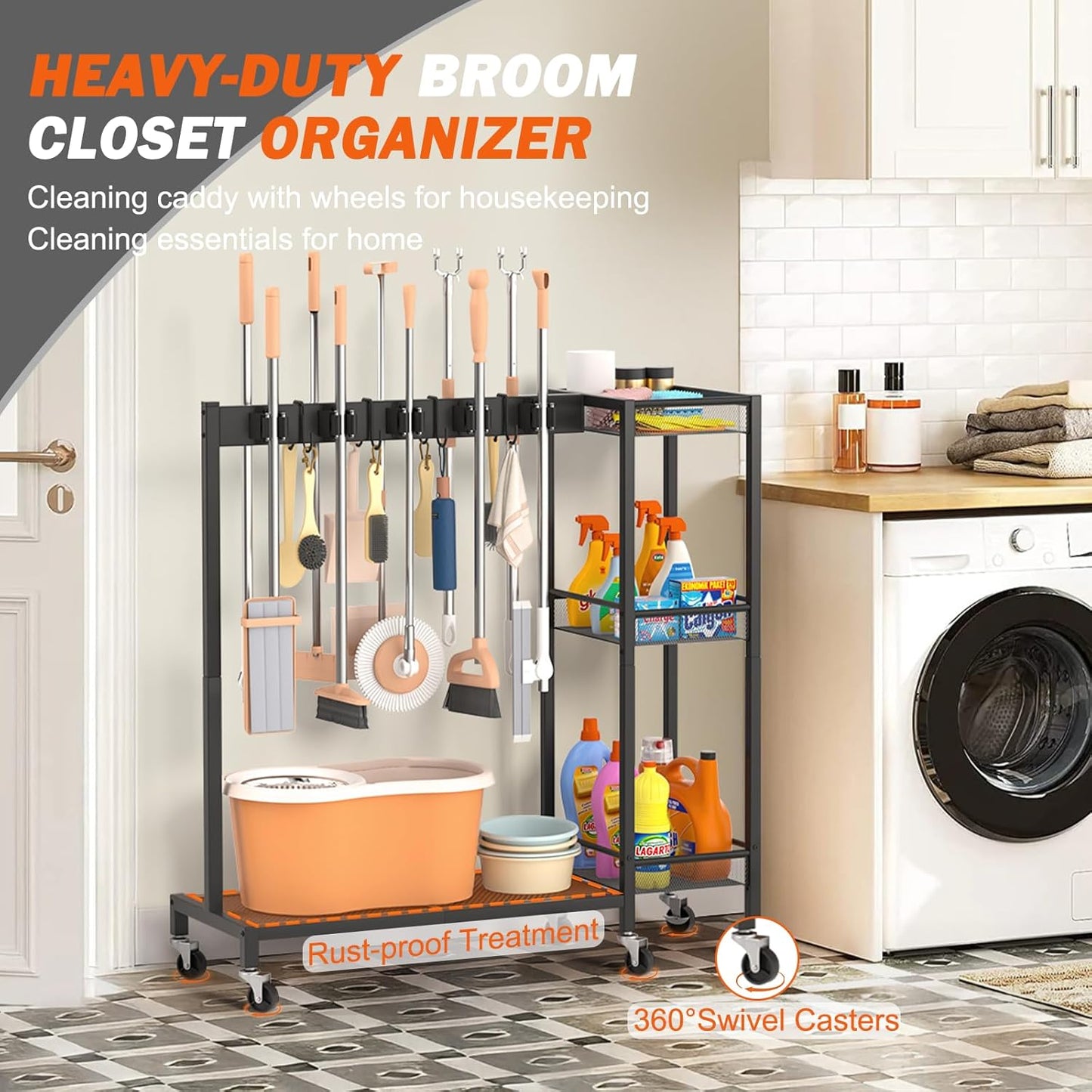 Broom Holder with Cleaning Supplies Organizer, Broom Closet Storage Cabinet with Cleaning Caddy
