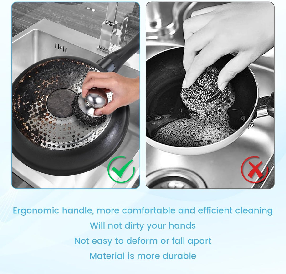 6Pcs Steel Wool Scrubber, Stainless Steel Scrubber with Handle for Cleaning Kitchen and Household