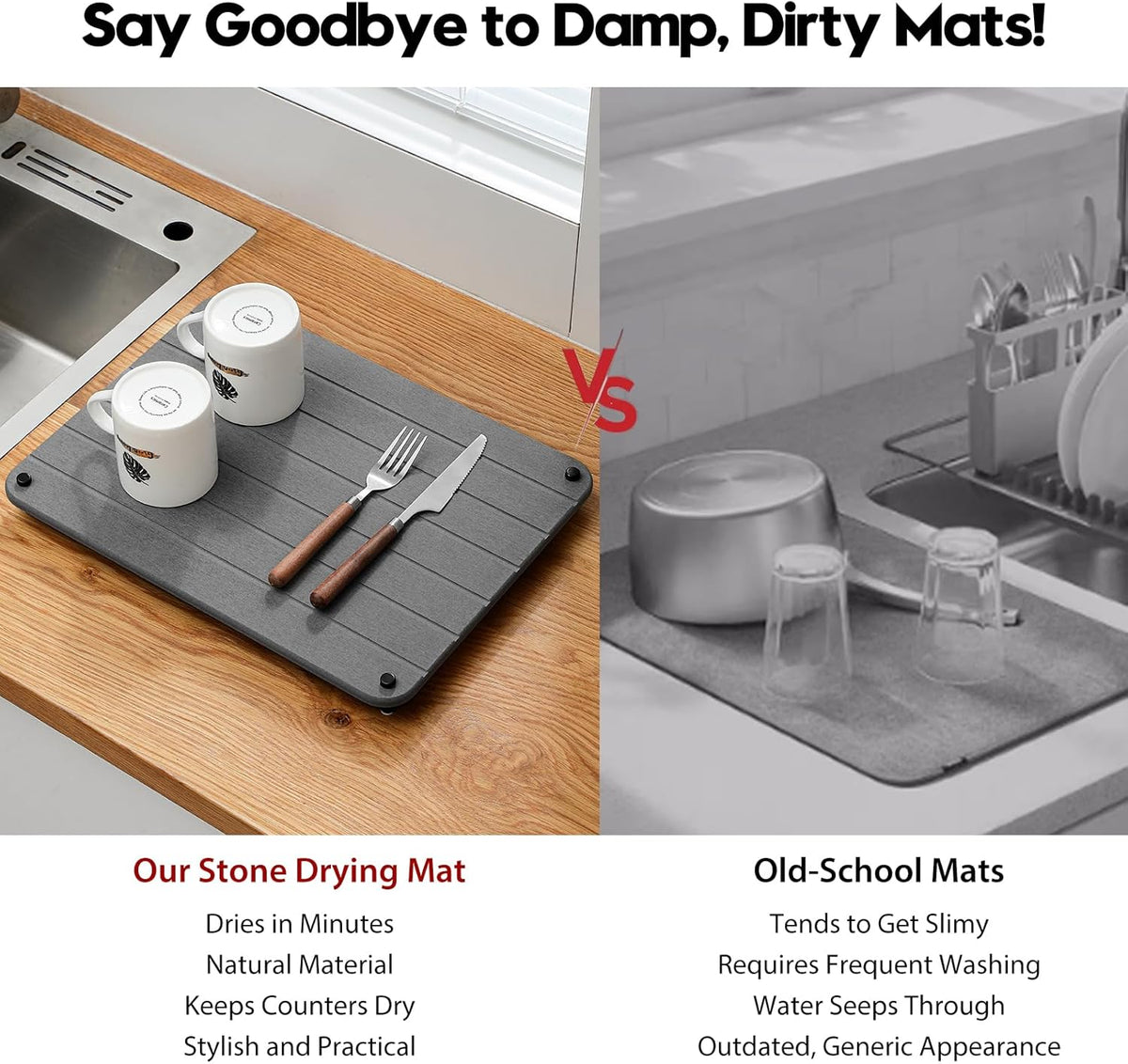 Stone Dish Drying Mat for Kitchen Counter, Water Absorbing Bathroom Tray Sink Organizer