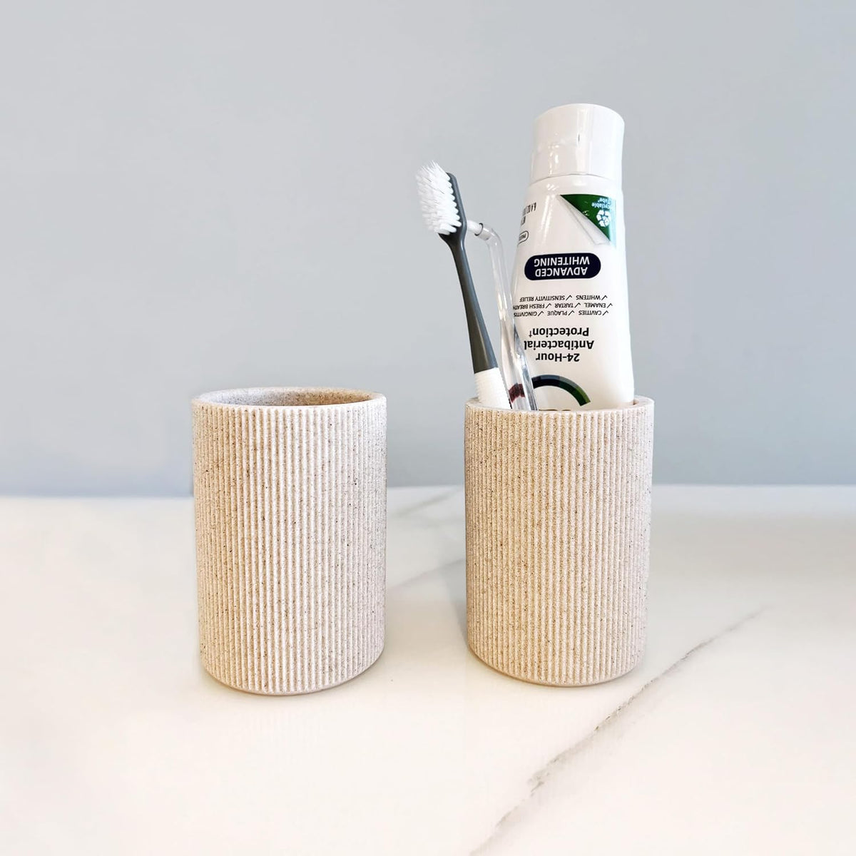 Small Sand Beige Toothbrush Holder for Bathroom Countertop, Modern Boho Farmhouse Style