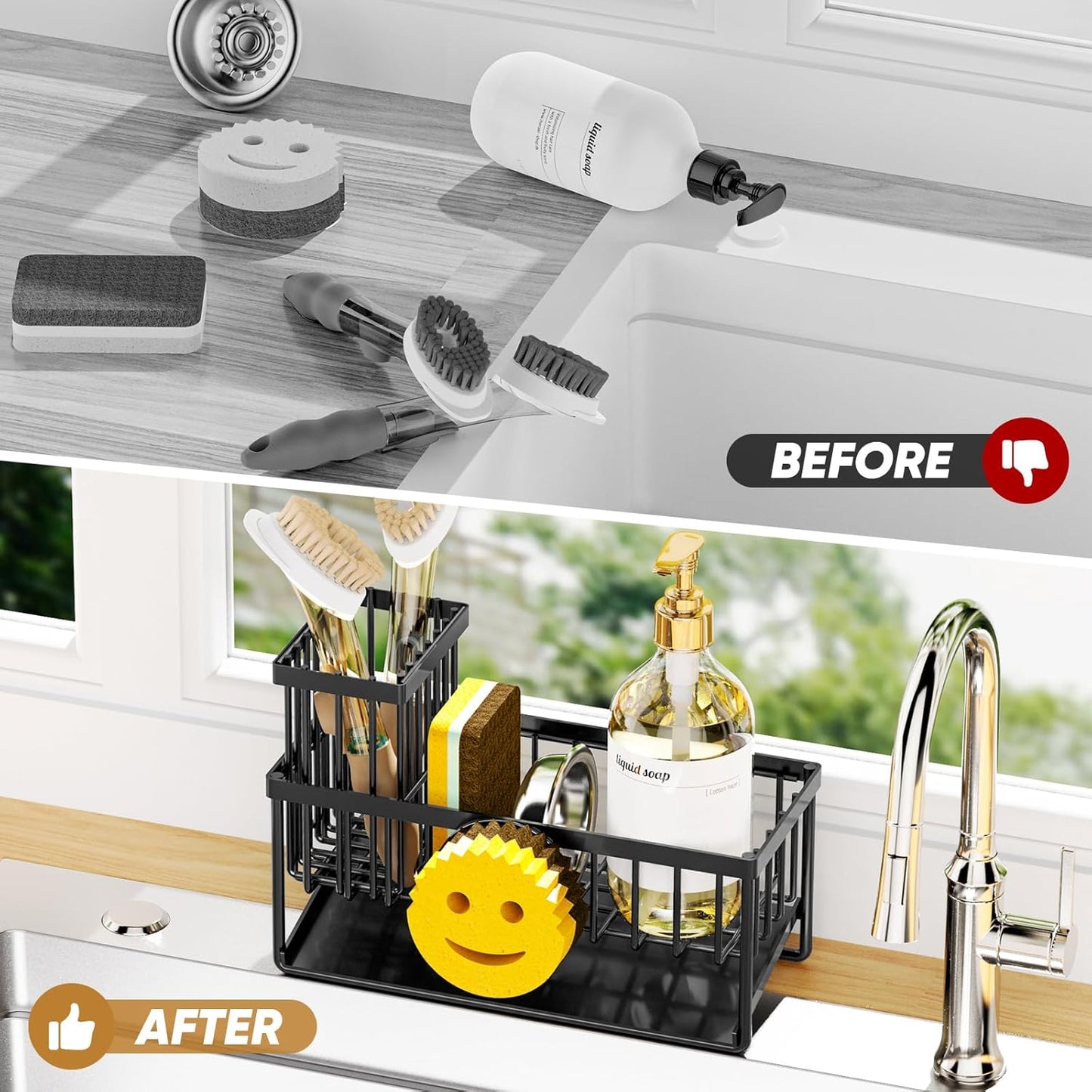 Sponge Holder for Kitchen Sink,Smiley Face Sink Caddy with Removable Brush Holder,Self-Draining