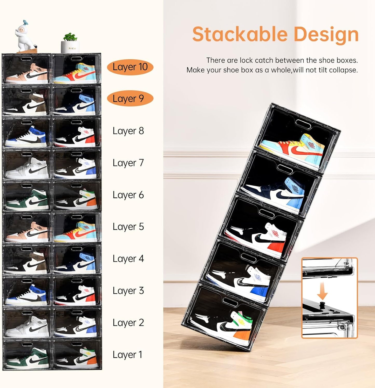 New 8 Pack Shoe Boxes Stackable, Large Shoe Storage Organizer with Lids,Drop Side Shoe Containers