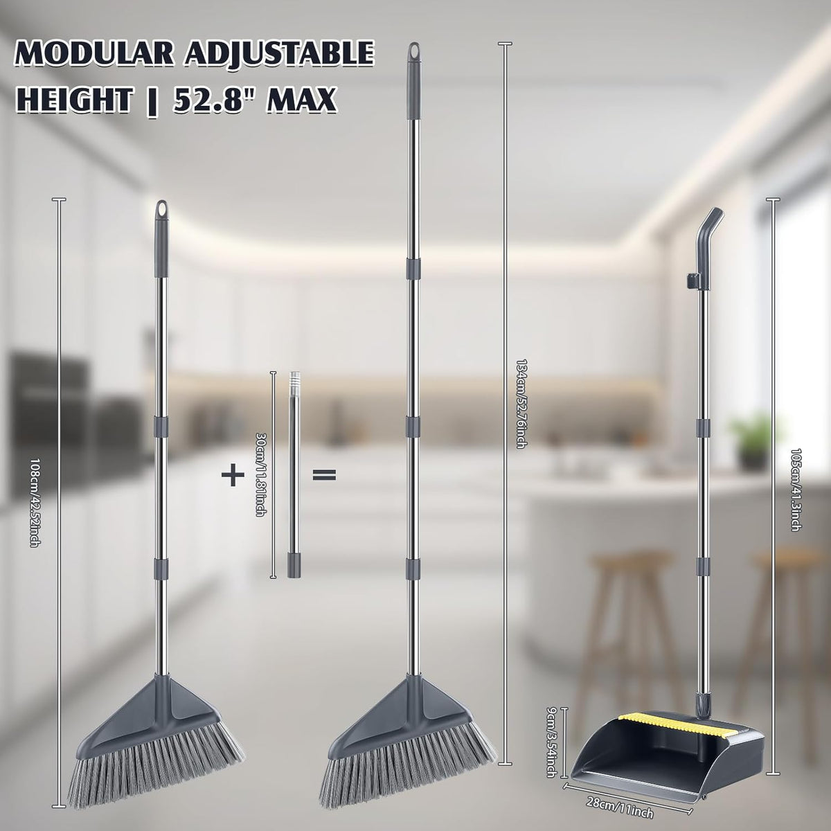 Broom and Dustpan Set for Home with 52 Inch Long Angled Handle - Stand Up Dustpan No Warping Metal