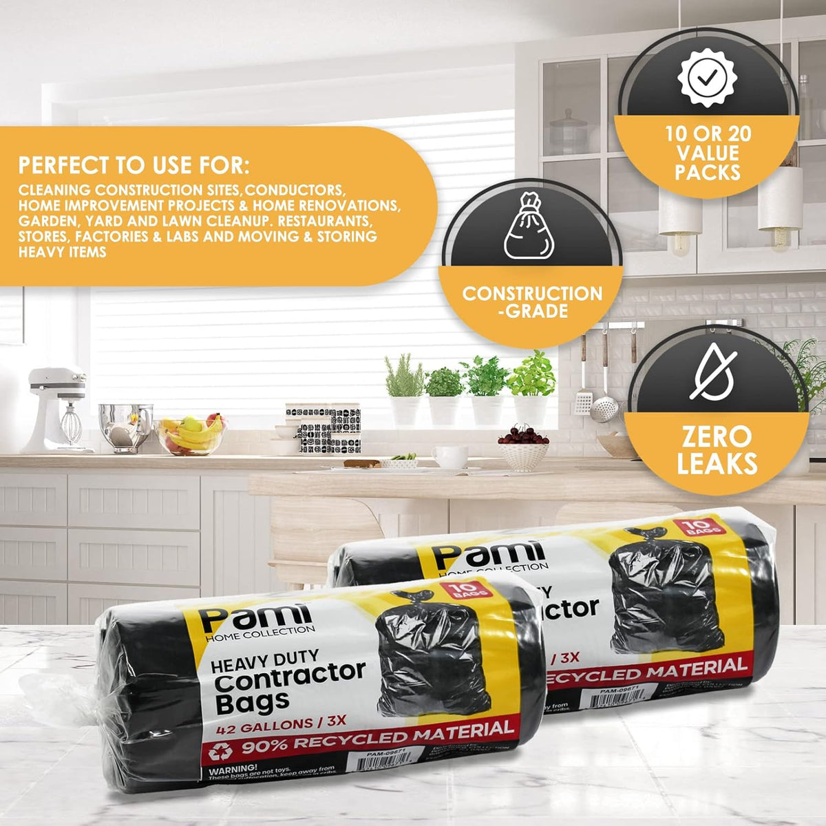 PAMI Heavy Duty 42 Gallon Construction Bags, Tear-Resistant Contractor Garbage Bags for Yard Waste