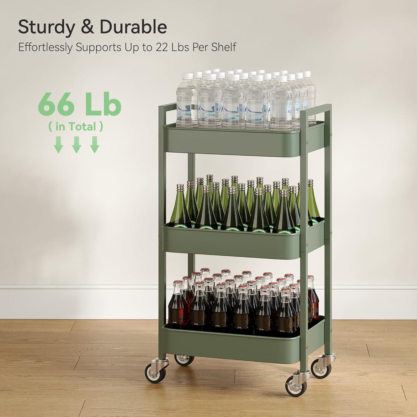 3 Tier Rolling Cart,Utility Cart with Locking Wheels, Hanging Cups,&Hooks, Heavy Duty Metal Storage